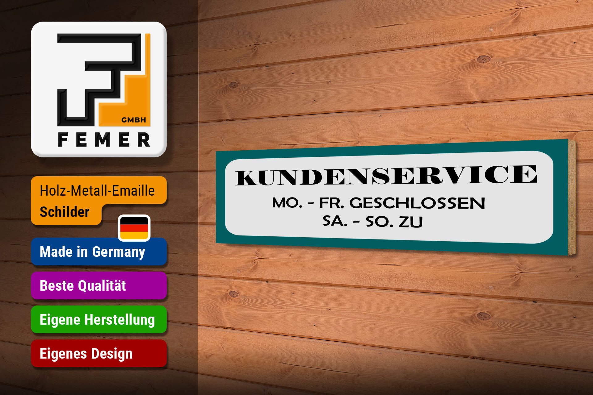 Femer GmbH Holzbild Hinweis 46x10 cm Kundenservice Geschlossen und zu, (1 St), Glatte Holzfaserplatte (MDF), vorn beschichtet