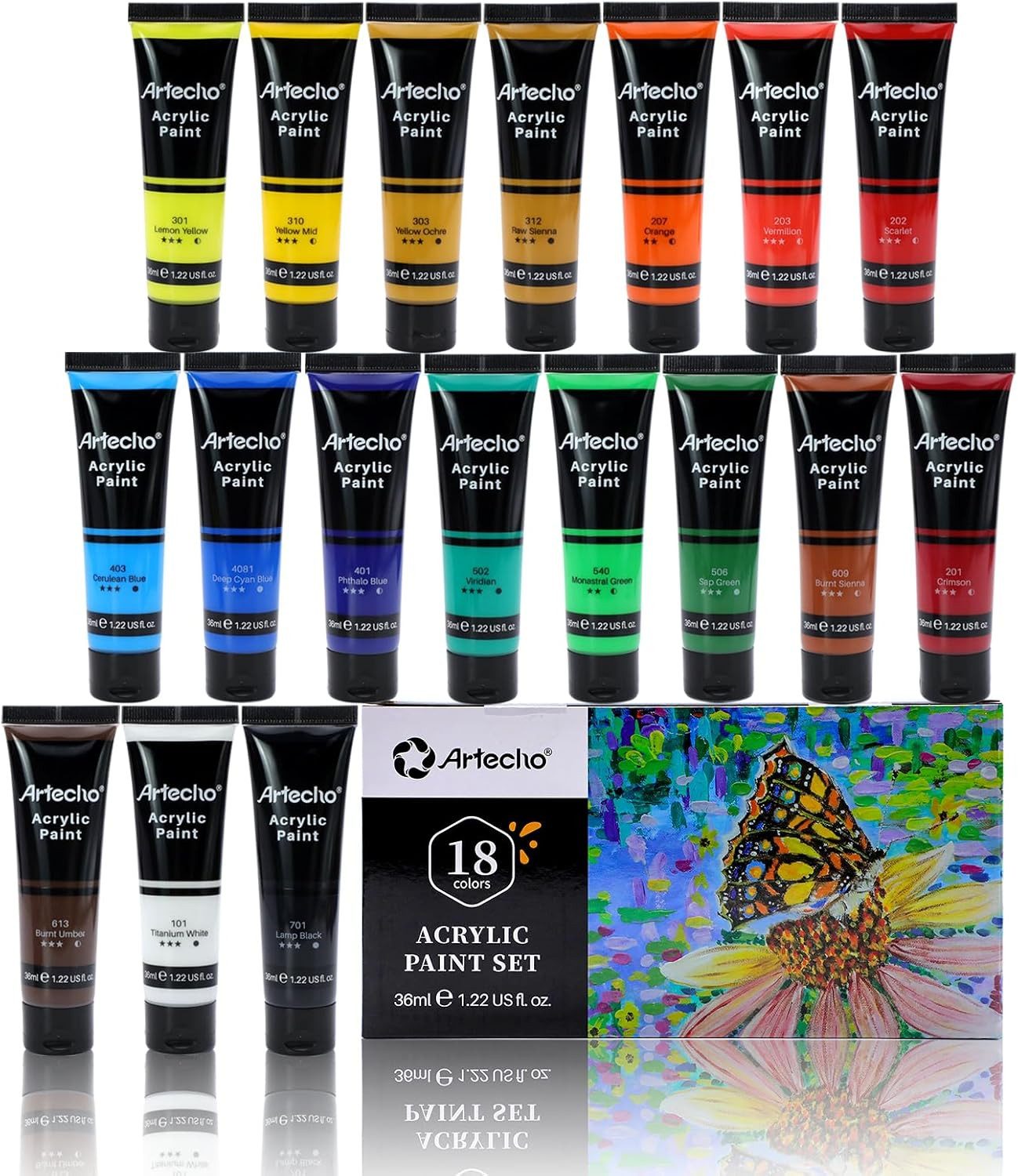 Artecho Acrylfarbe Set 18 / 24 / 48 Farben, je 36ml Tuben – wasserfest & schnelltrocknend, für Papier, Ton, Holz, Stein – zum Reisen, Malen & Freude verschenken