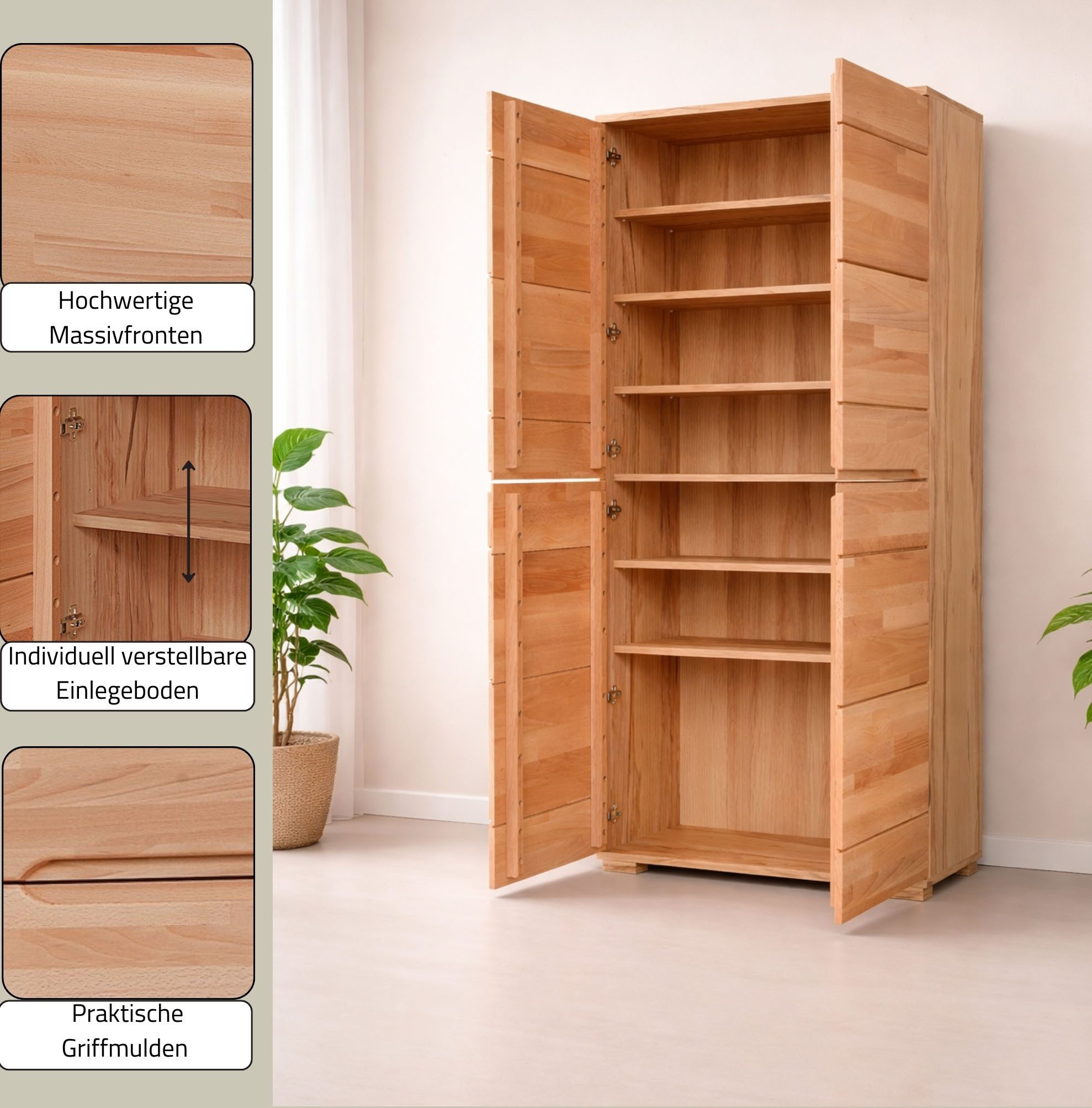 Home affaire Mehrzweckschrank VETRO Mehrzweckschrank, 7 Fächer, Griffmulden, 5variable einlegeboden Kernbuche B/T/H:100/40/190cm, Fronten Massivholz, Kopus Melamin