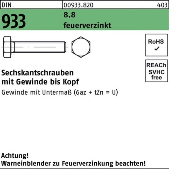 Reyher Sechskantschraube 100er Pack Sechskantschraube DIN 933 VG M10x 60 8.8 feuerverz. 100 St