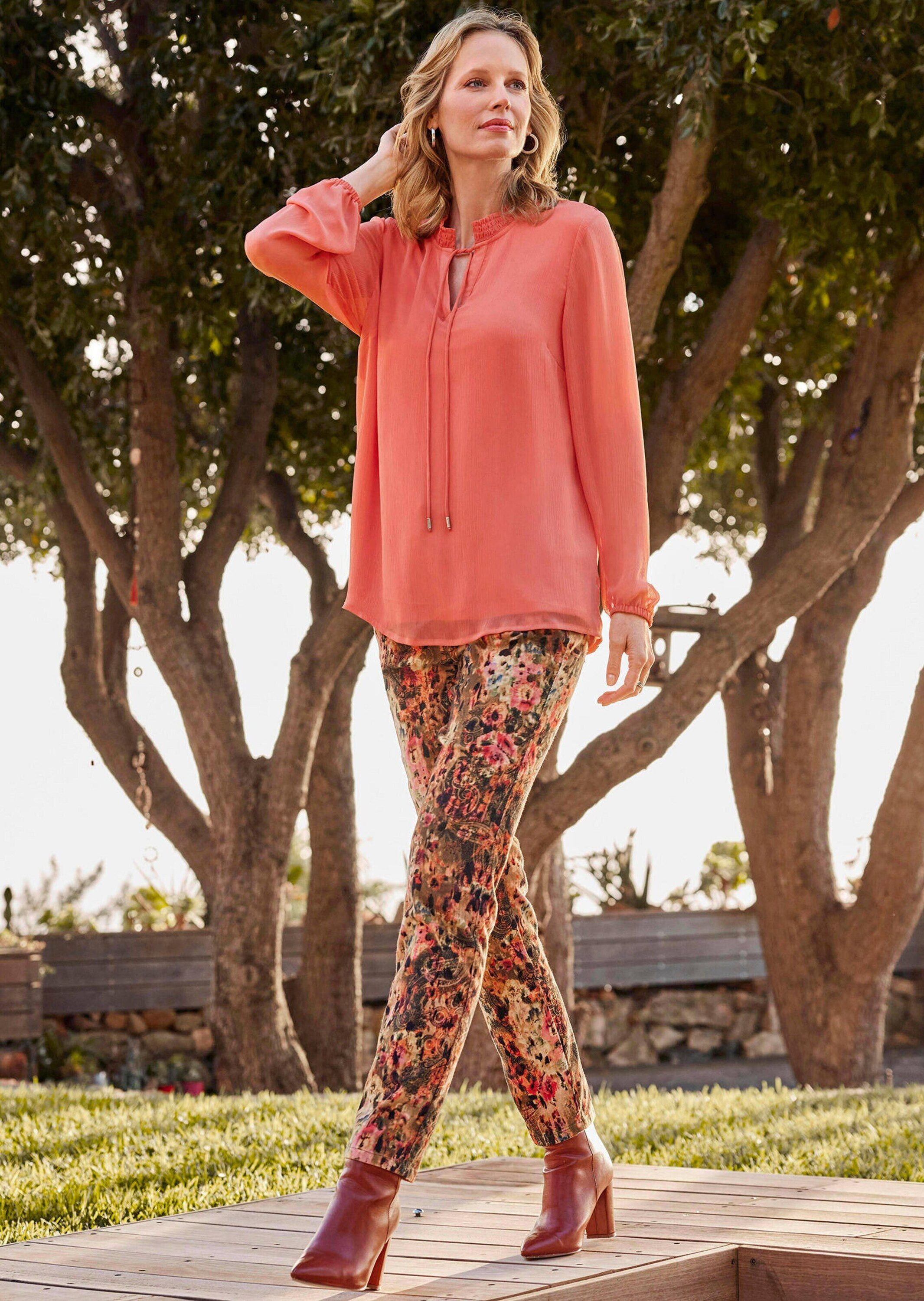 GOLDNER Chiffonbluse Elegante Jersey-Bluse mit Rundhals Viskosebluse mit Rundhalsausschnitt und Langarm