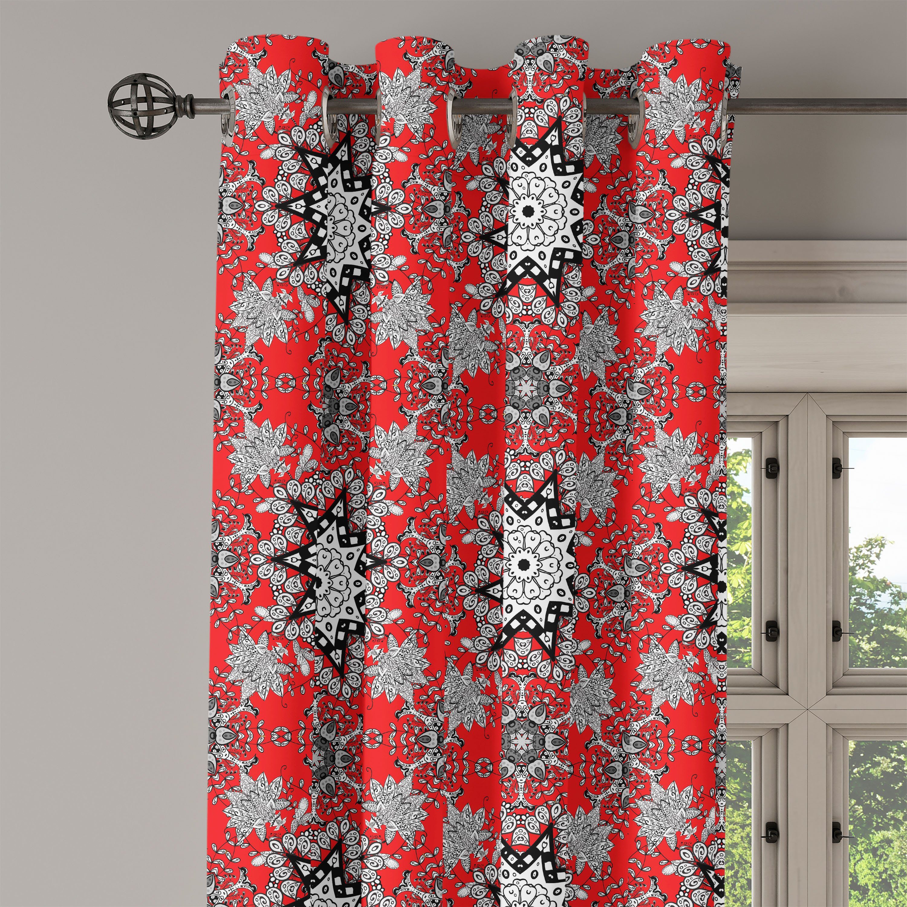 für Gardine Dekorative Schlafzimmer Abakuhaus, Red Blumenstrudel Wohnzimmer, Mandala 2-Panel-Fenstervorhänge