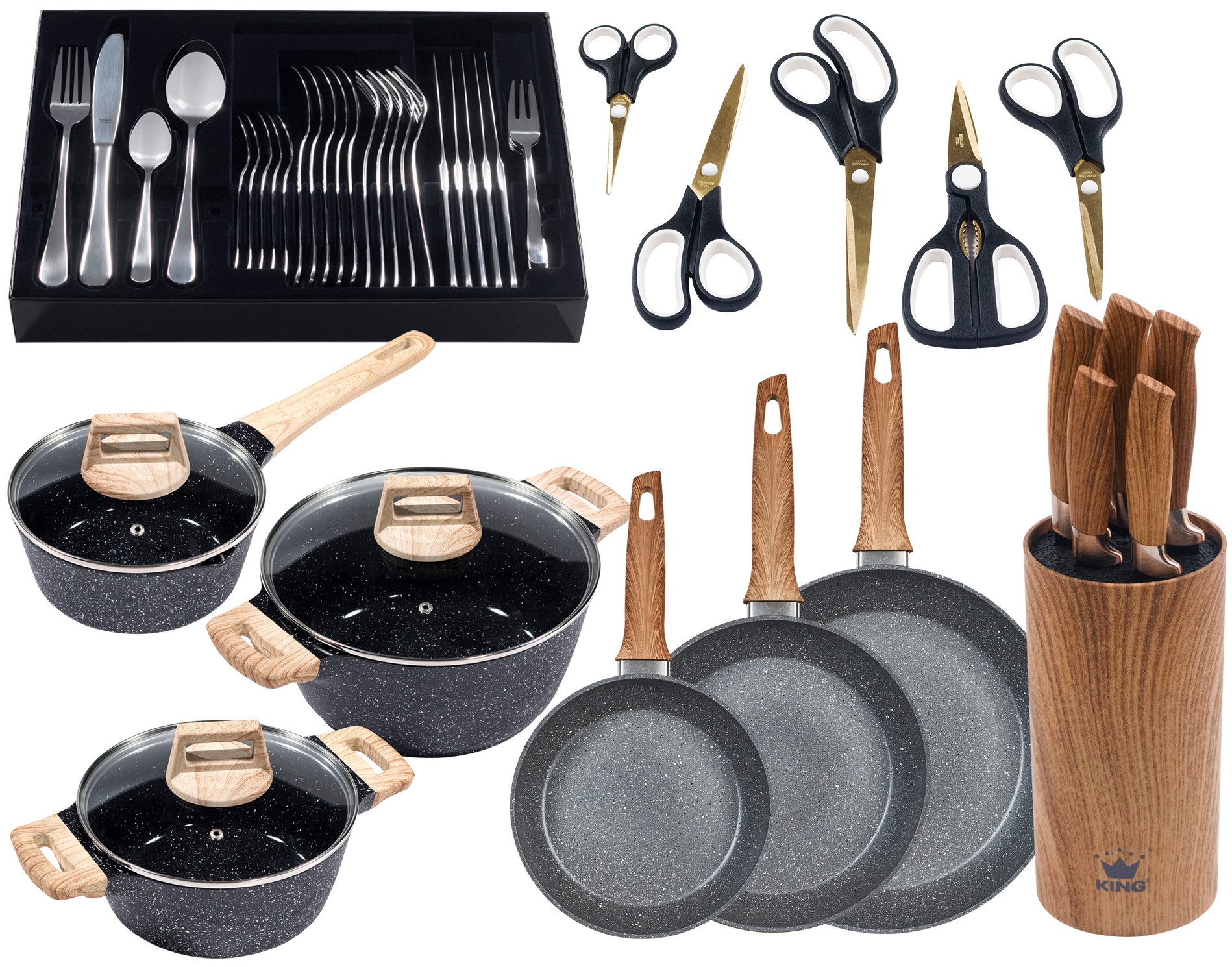 KING Topf-Set Essential 21, Aluminiumguss (Set, 51-tlg., 3Töpfe,5Messer,Messerblock,3Pfannen,Etui,Menü-+Kuchenbesteck,5Schere), Holzoptik, Induktion