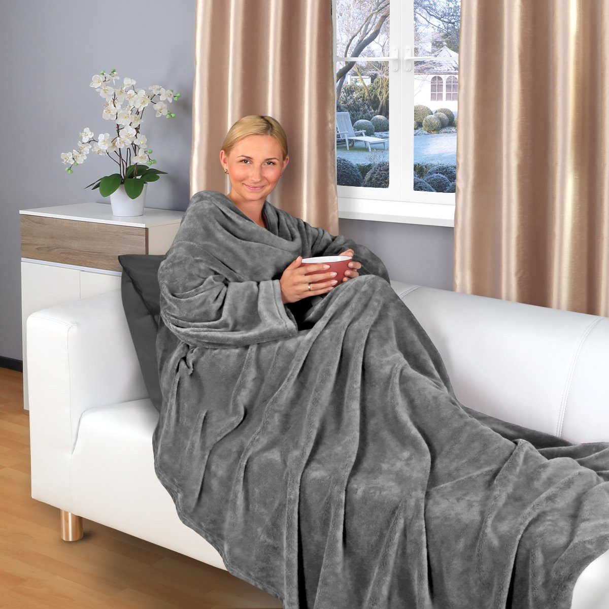 Gräfenstayn Wohndecke flauschige, creme/beige, Gr. 180 cm x 150 cm, mit Fußtasche