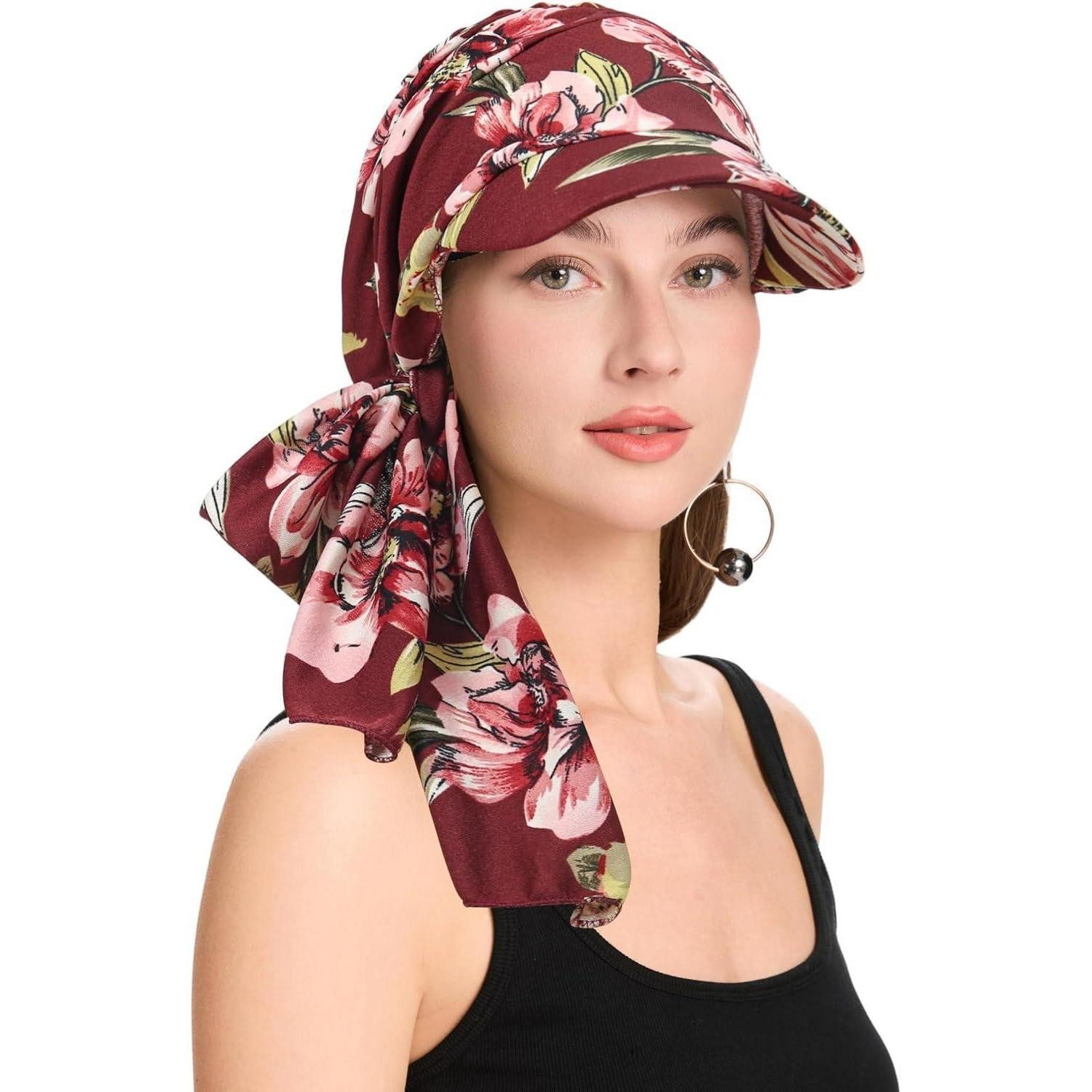 LuxusKollektion Turbanmütze Chemo Kopfbedeckung Damen Krempe Gebunden Blumenmuster Burgunderrot