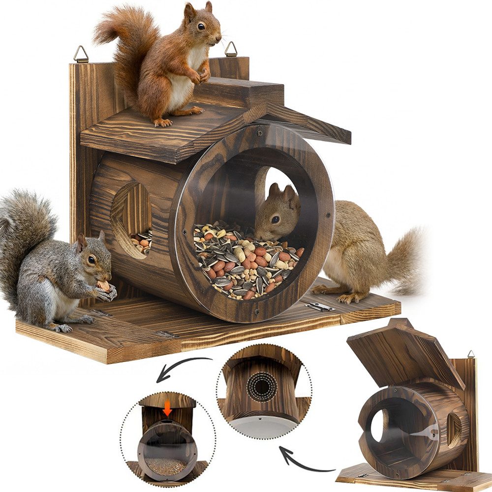 PRIISF Eichhörnchenkobel Eichhörnchen Futterhaus Wetterfest Futterstation aus Langlebigem Holz, Eichhörnchenhaus Aufhängbar Mit 2 Eingängen & 2 Sitzplattformen