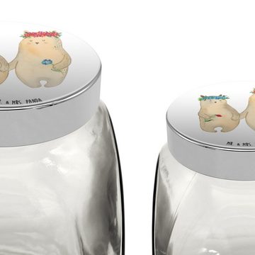 Mr. & Mrs. Panda Vorratsglas L 870ml Bären mit Blumenkranz - Weiß - Geschenk, Vorratsglas, Vorrats, Premium Glas, (1-tlg), Exklusive Motive