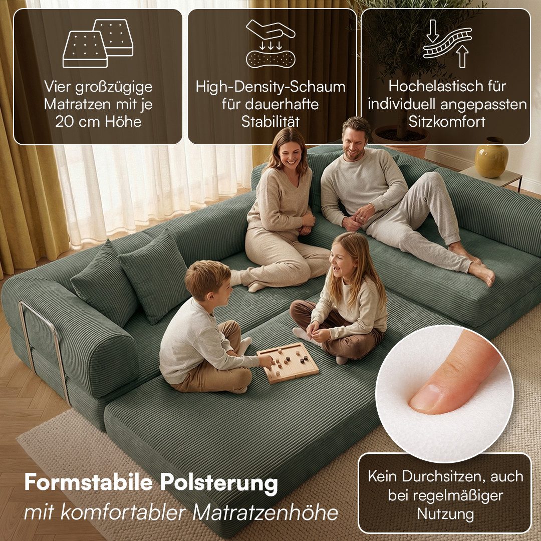 skølm Sofa & Sessel Lofn aus Vollschaum Cord, umwandelbar zum Schlafsofa/-Sessel, Dunkelgrün, Ecksofa 300 cm breit, 4 Sitzer, kein Aufbau erforderlich, vakuumiert