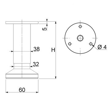 SO-TECH® Möbelfuß ALPHA, belastbar bis 250 kg, höhenverstellbar bis 15 mm, (1-St), Höhe 50 mm, Aluminium, schwarz eloxiert