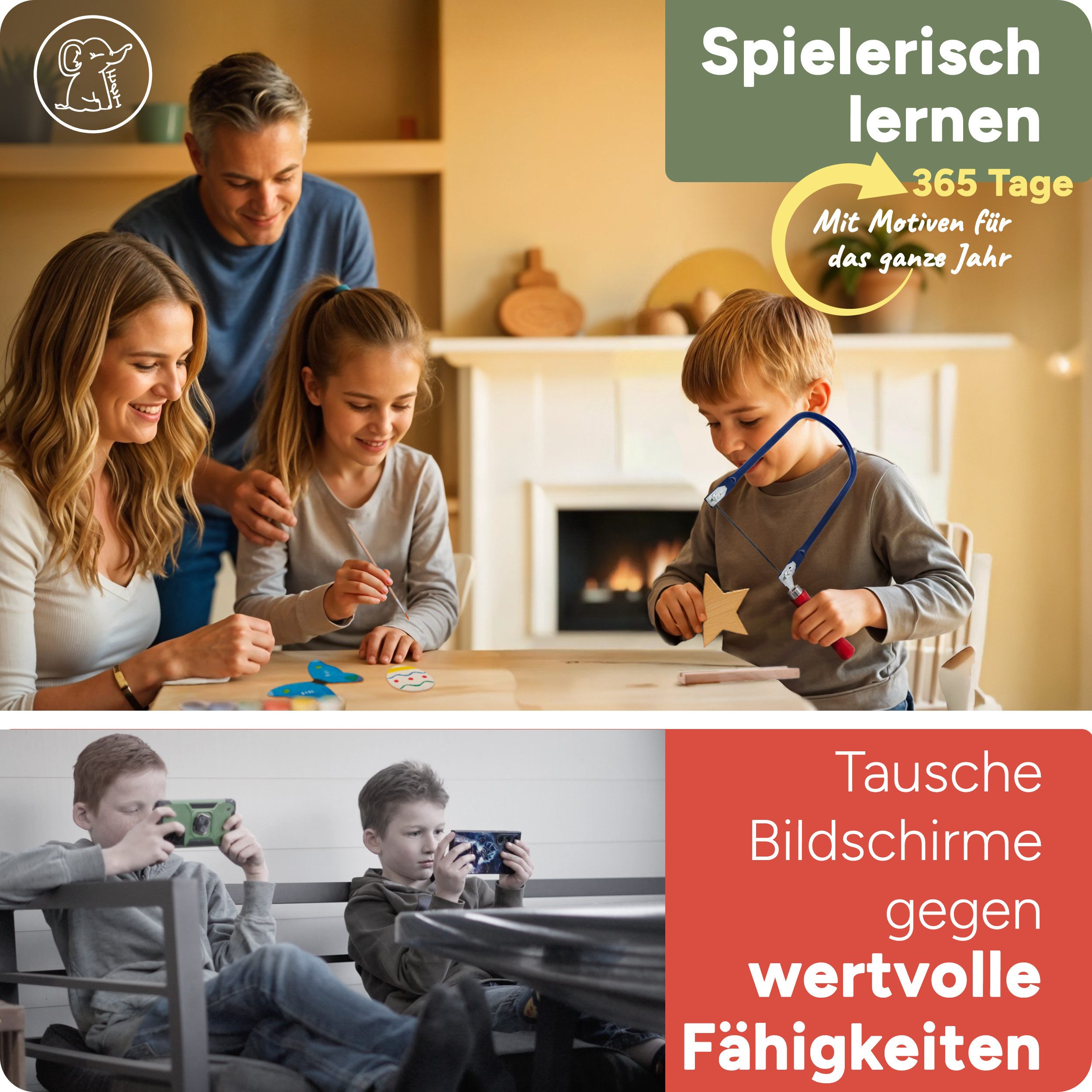 Eli Kinder-Werkzeug-Set Laubsäge für Kinder - inkl Vorlagen - Laubsägeplatten - Farbe - Pinsel, (Schleifpapier und kreative Schablonen, 18-tlg., Geschenkidee Junge und Mädchen), STARKES GESCHENK