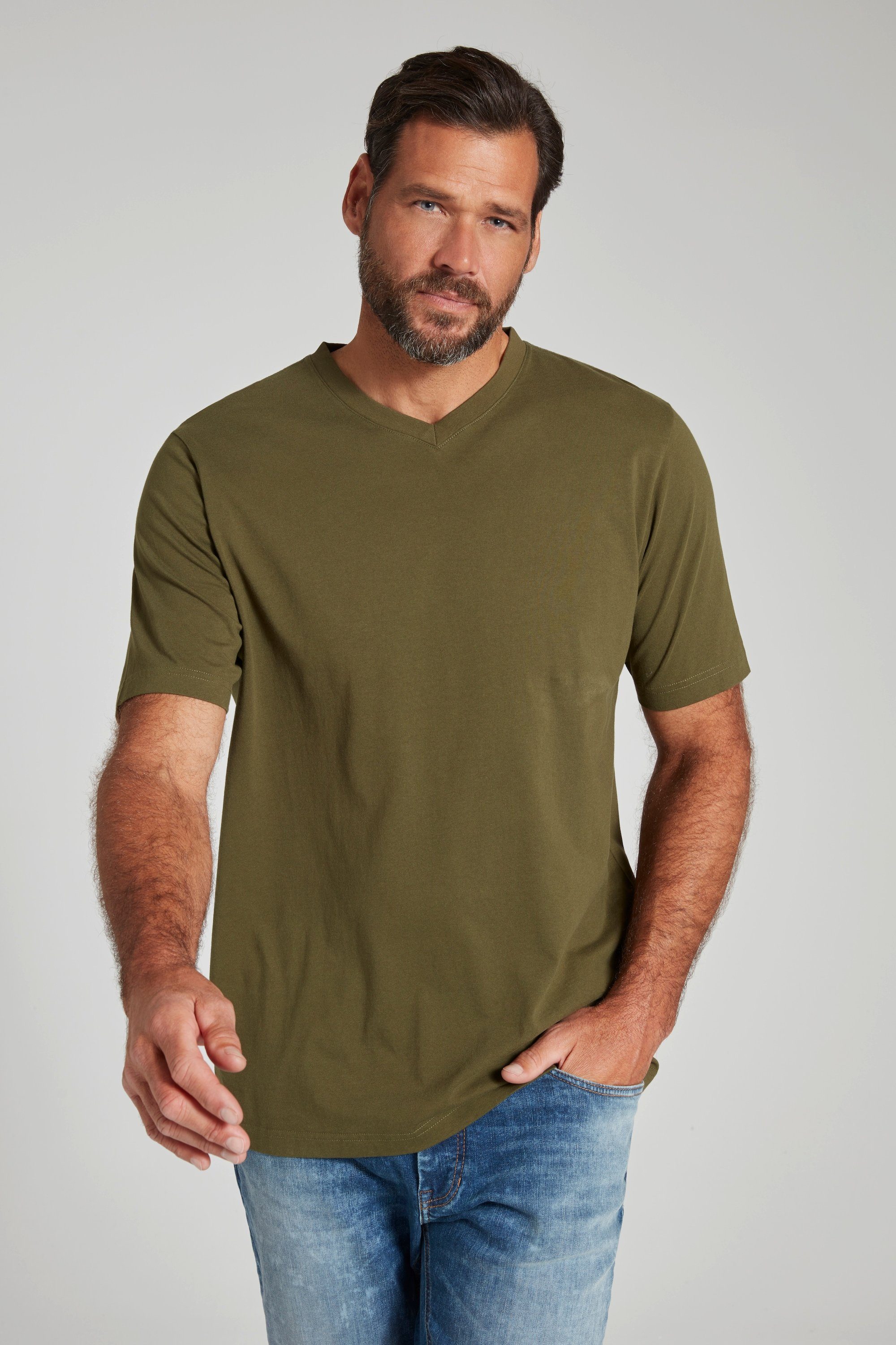 T-Shirt T-Shirt khaki V-Ausschnitt JP1880 8XL Basic dunkel bis