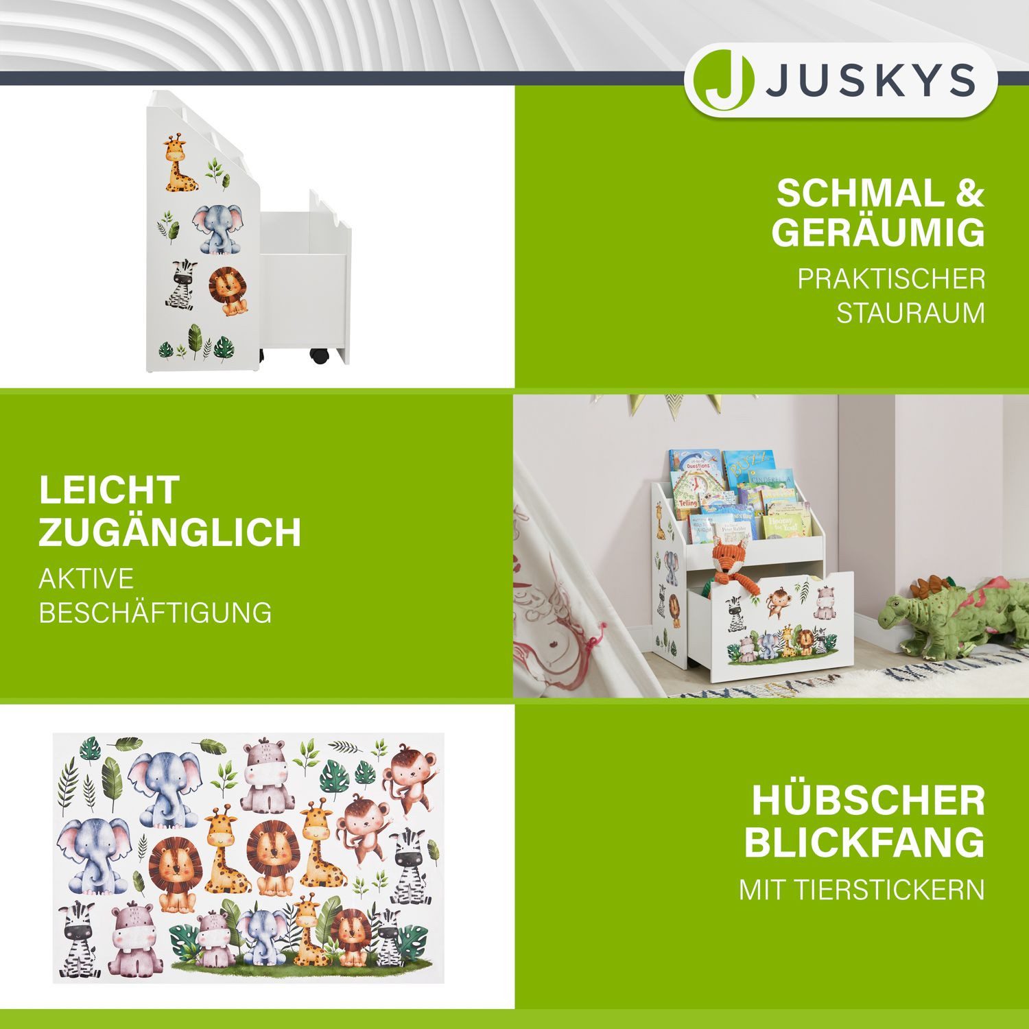 Juskys Bücherregal Kinder Bücherregal, 3 Fächer, Spielzeugkiste, kindgerecht, anbringbaren Stickern