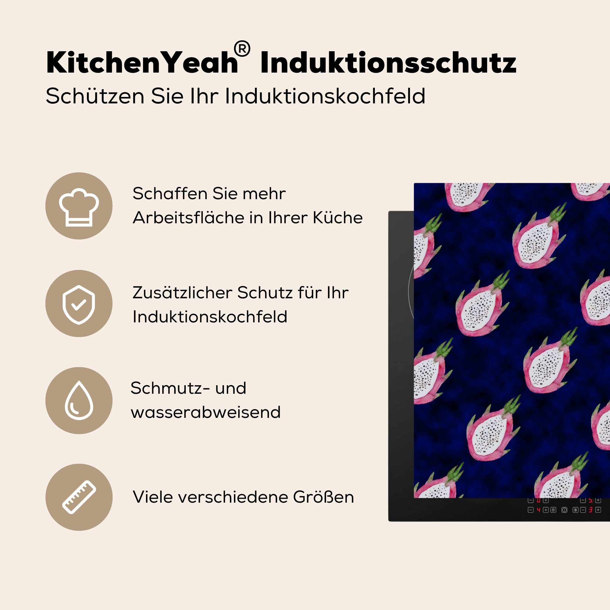 MuchoWow Herdblende-/Abdeckplatte Vinyl, Ceranfeldabdeckung, (1 cm, - 78x78 küche Arbeitsplatte für Drachenfrucht tlg), Obst Tropisch, 