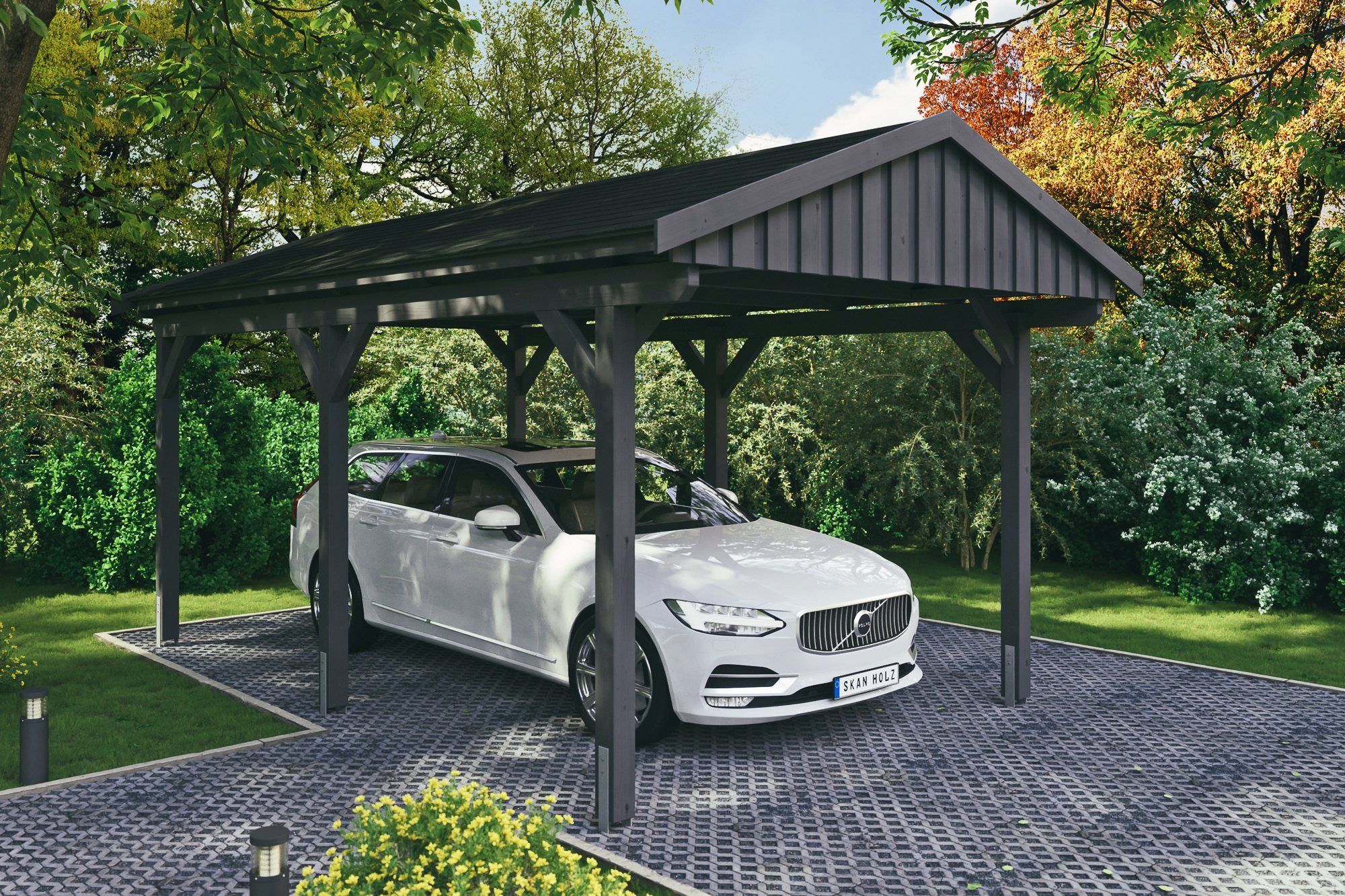 Skanholz Einzelcarport Fichtelberg, BxT: 317x566 cm, 273 cm Einfahrtshöhe, mit schwarzen Schindeln