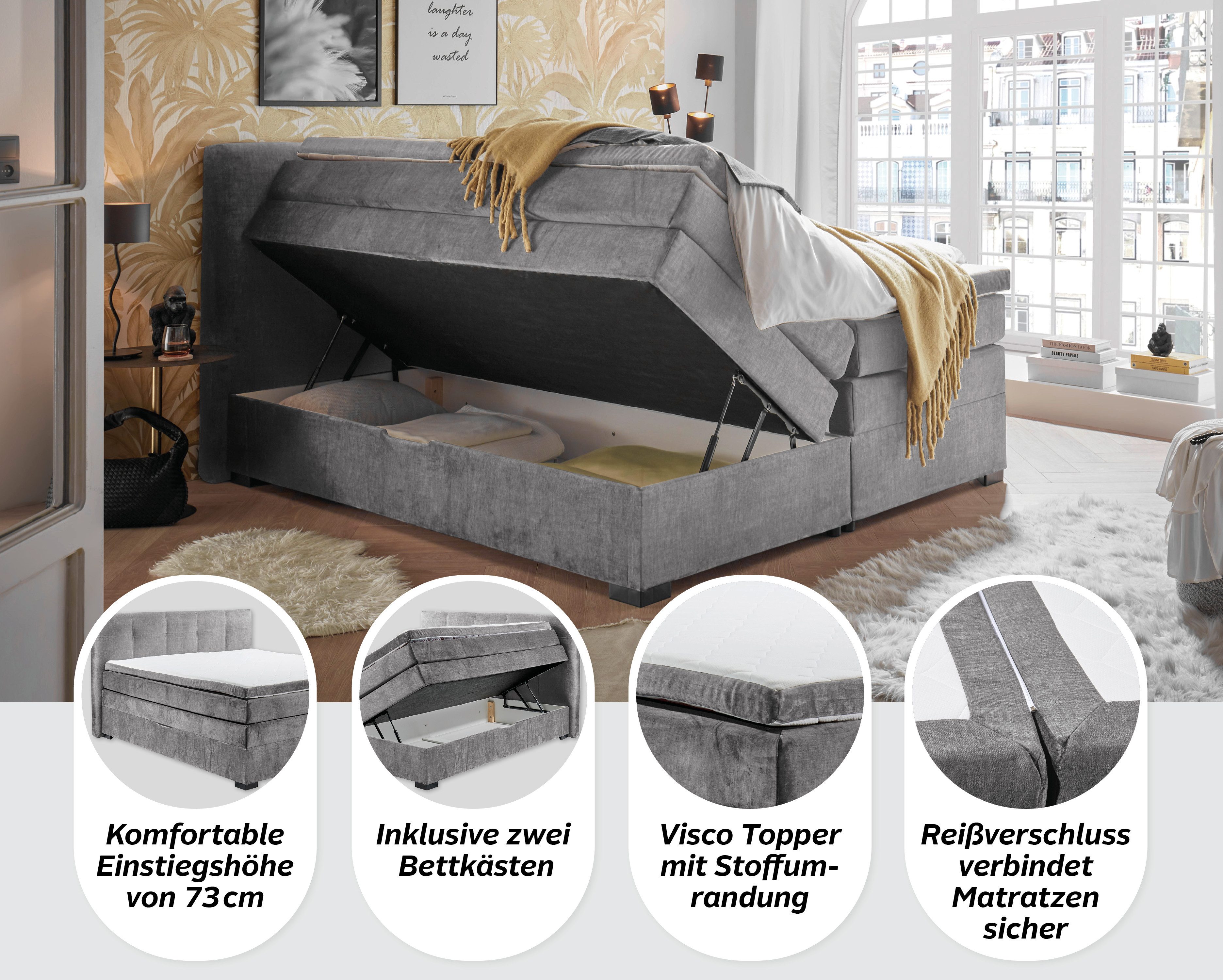 ED EXCITING DESIGN Boxspringbett Fanes mit Komforteinstiegshöhe von 73cm, erhältlich in 180x200cm, inkl. Bettkasten und 7cm Visco-Topper