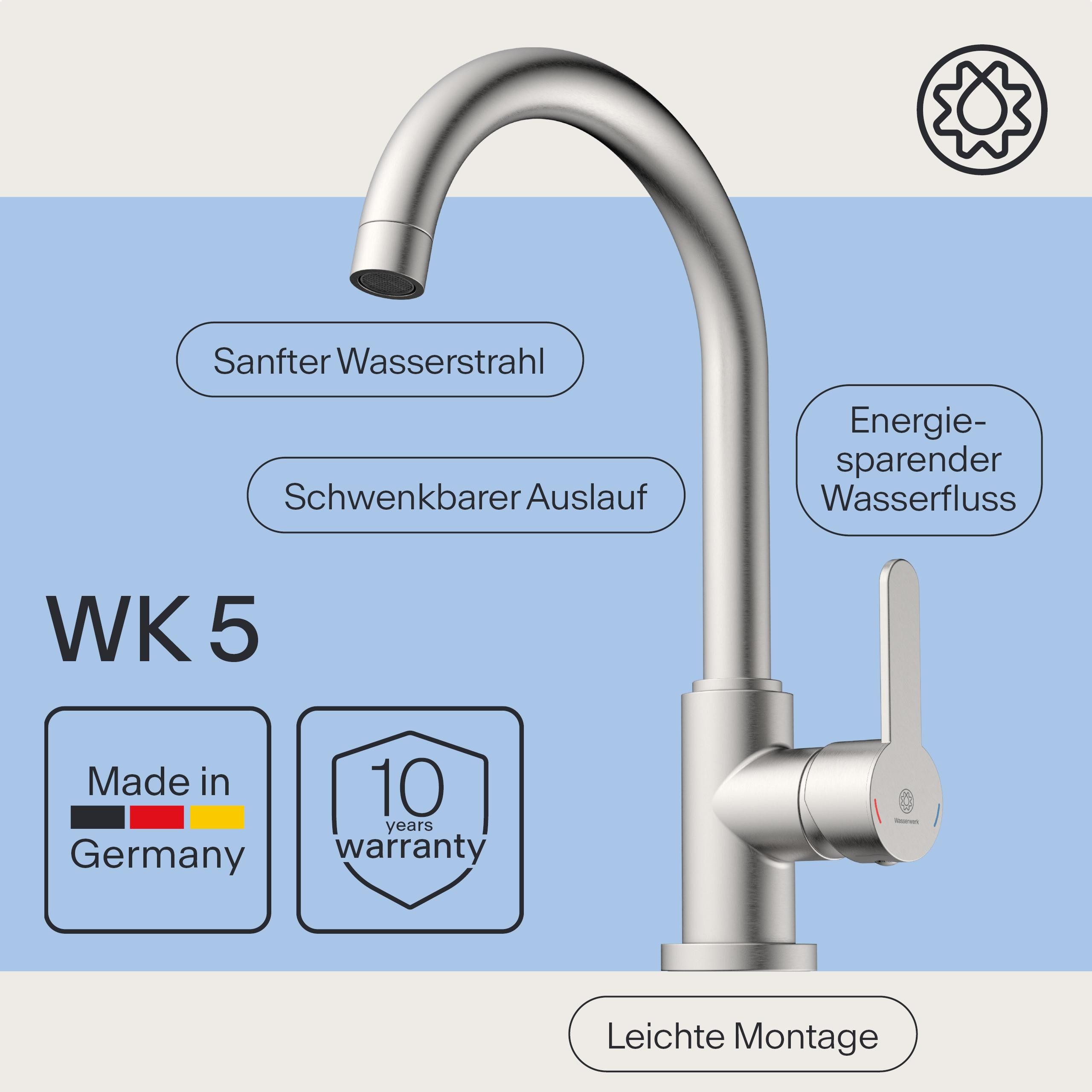 WASSERWERK Spültischarmatur WK 5, Wasserhahn, Küche, Einhebelmischer 360° schwenkbar, Cold-Start-Funkt., geräuscharm