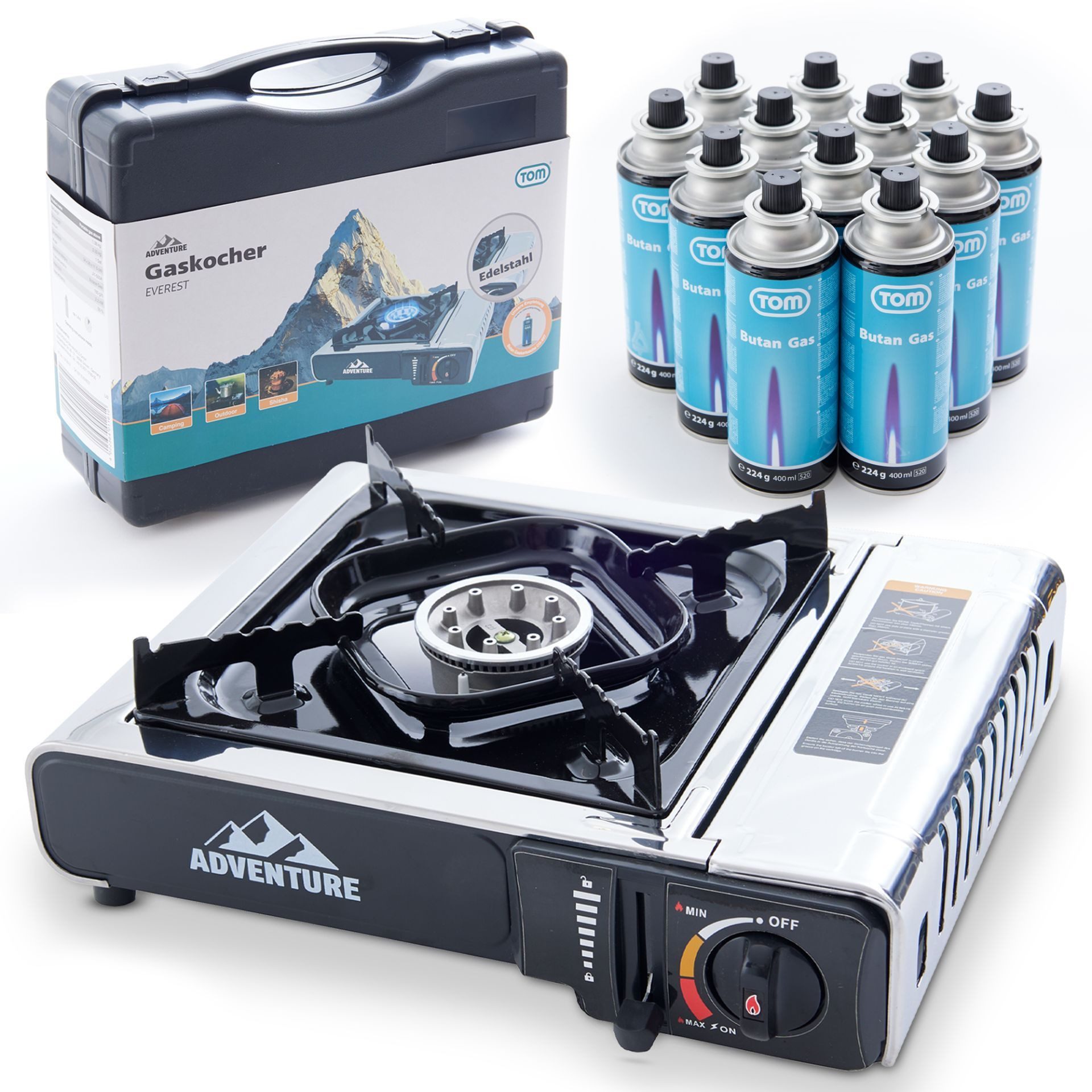 TOM Gaskocher Campingkocher Edelstahl mit 227g Gaskartuschen und Box 2,2kW, (13-St), Piezozündung, Stufenlos Regulierbar, verschiedene Sets