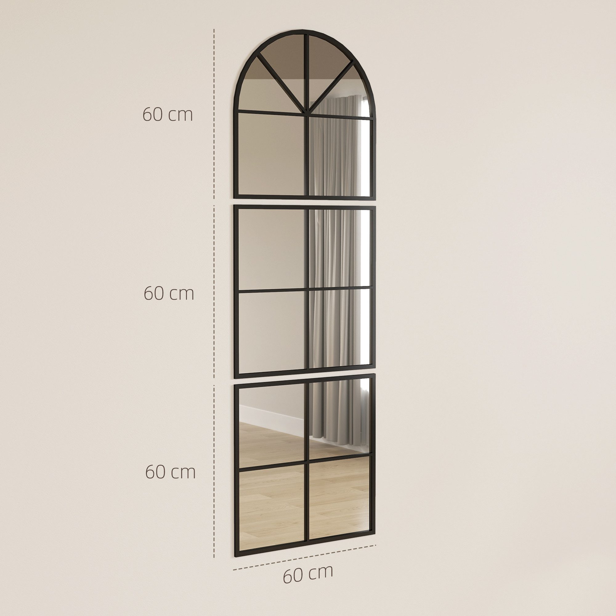 HOMCOM Wandspiegel mit Metallrahmen (bogenförmiger Spiegel, 1-St., dreiteilig Hängespiegel), für Wohnzimmer, Schlafzimmer, Flur, Schwarz – Bild 3 von 5