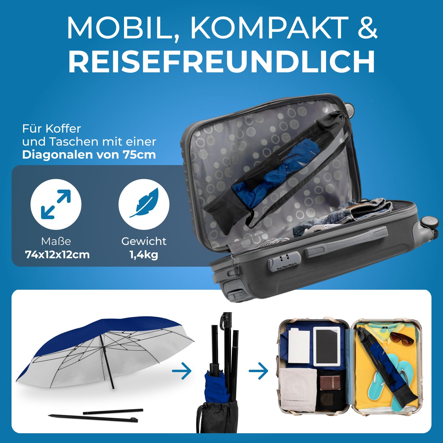 Styngard Sonnenschirm Reise Sonnenschirm Nizza, LxB: 180,00x155,00 cm, mit UV Schutz 50+ - Strandschirm Sonnenschirm Strand mit Abspannleinen