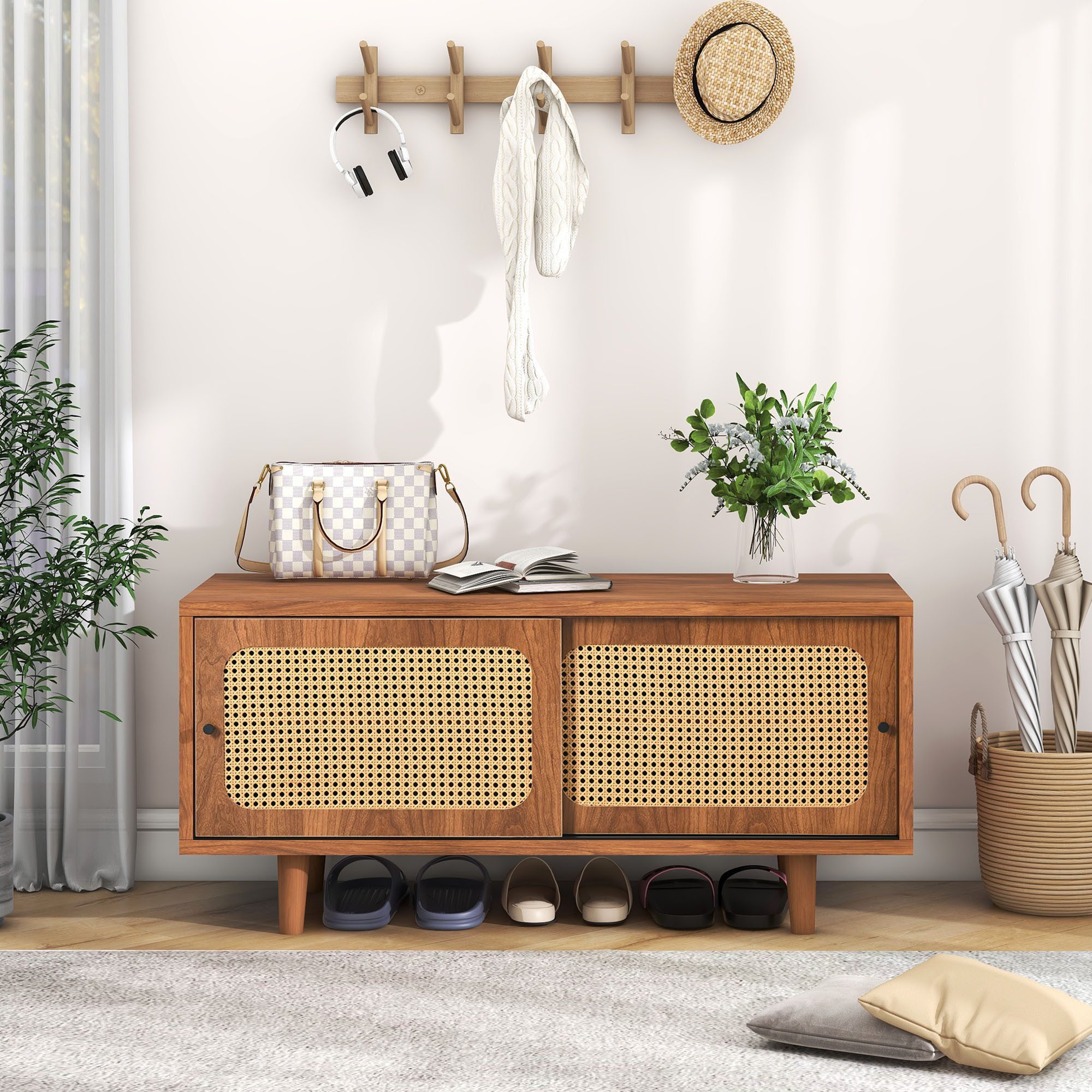 BBWL Schuhschrank Rattan-Schuhschrank, 104x40x48 cm (mit 2 Türen & verstellbaren Ablagen, atmungsaktiv & pflegeleicht, elegantes Sideboard für Flur, Wohnzimmer & Schlafzimmer)