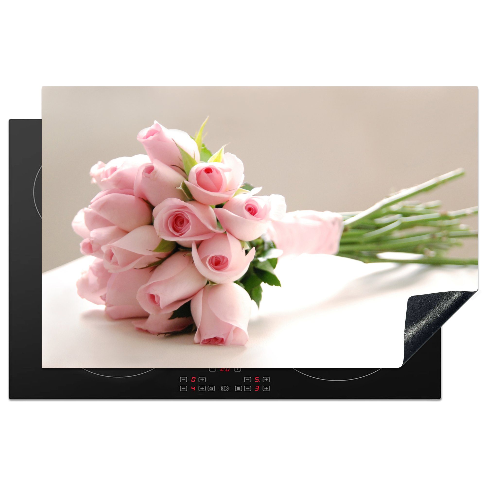 MuchoWow Herdblende-/Abdeckplatte Ein Blumenstrauß aus rosa Rosen auf einem weißen Tisch, Vinyl, (1 tlg), 81x52 cm, Induktionskochfeld Schutz für die küche, Ceranfeldabdeckung