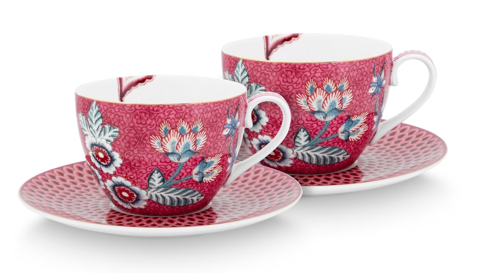 PiP Studio Tasse Flower Festival Tasse m.Unte. dark pink 280ml Set2, Porzellan, Set/2 Cups & Saucers Flower Festival Dark Pink 280ml