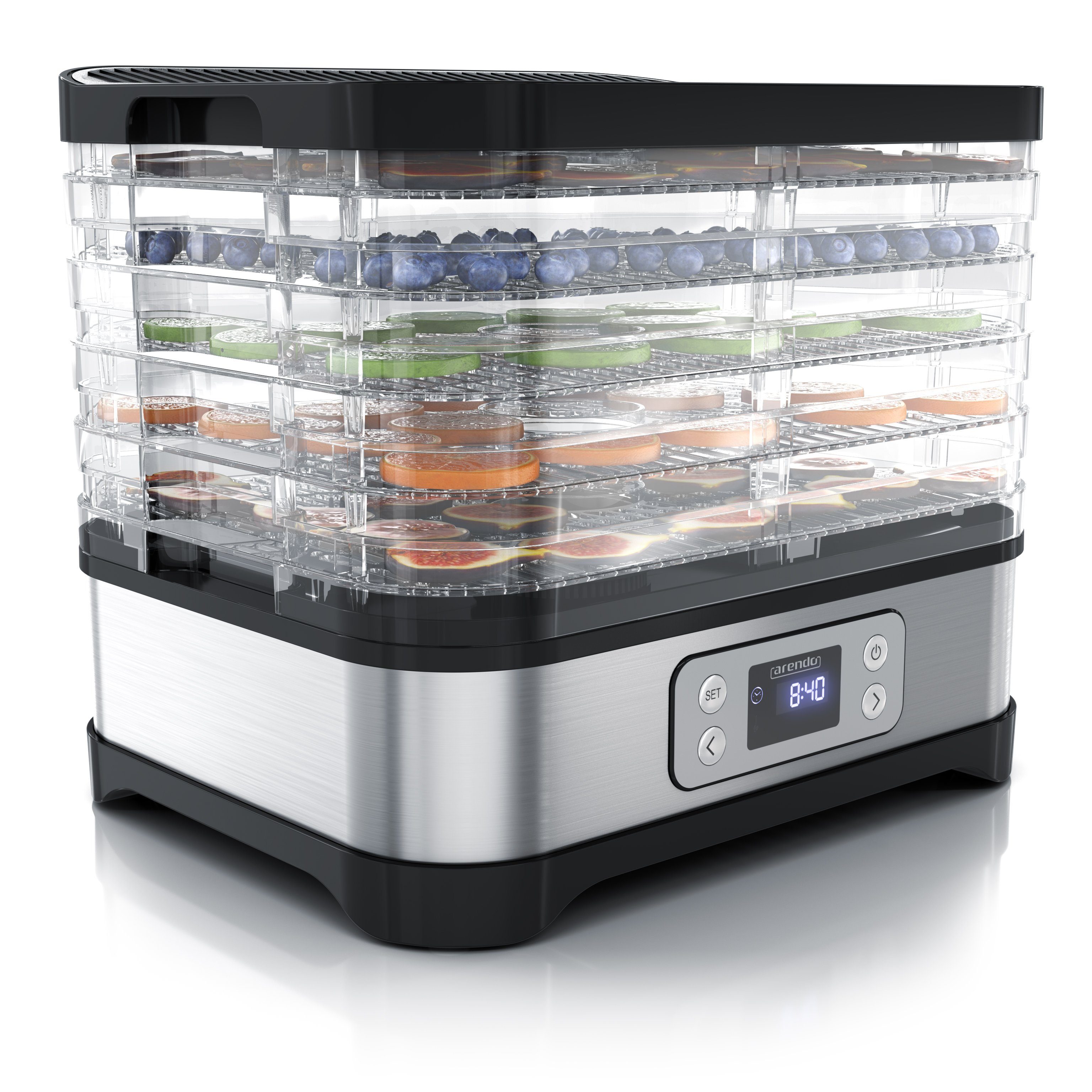 Arendo Dörrautomat mit Temperaturregler, 5 Etagen, 35-70°C, Edelstahl, Dörrgerät 260 W, 5 Etagen, Timer bis 72h, BPA-frei, Früchte/Gemüse/Fleisch, GS, Dehydrator