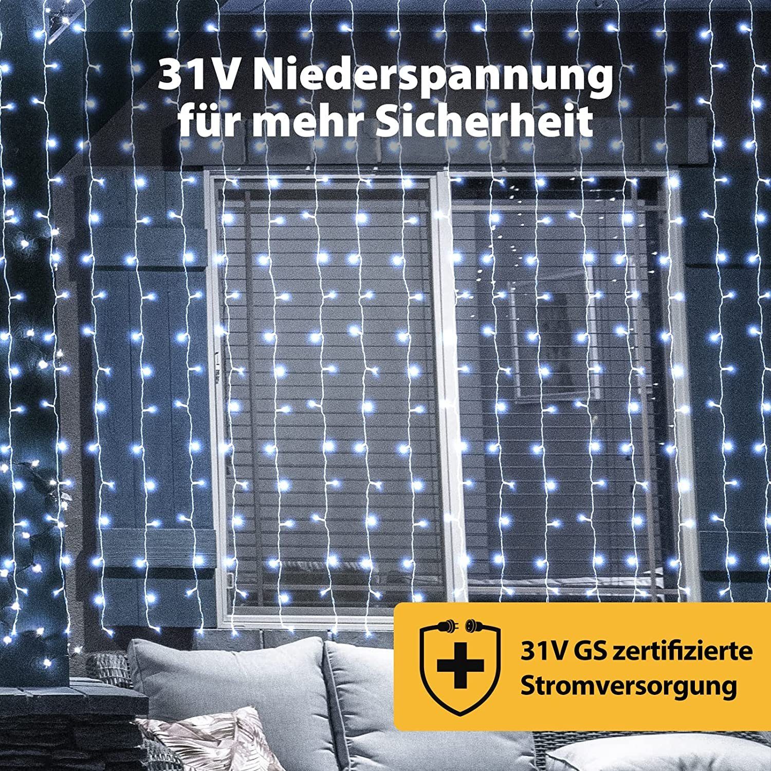 Salcar LED-Lichterkette LED Lichtvorhang Weihnachten Lichterkette 8 Beleuchtungsmodi, Timer und Memory-Funktion, Spritzwassergeschützt, 3 x 3m Kaltweiß – Bild 4 von 5