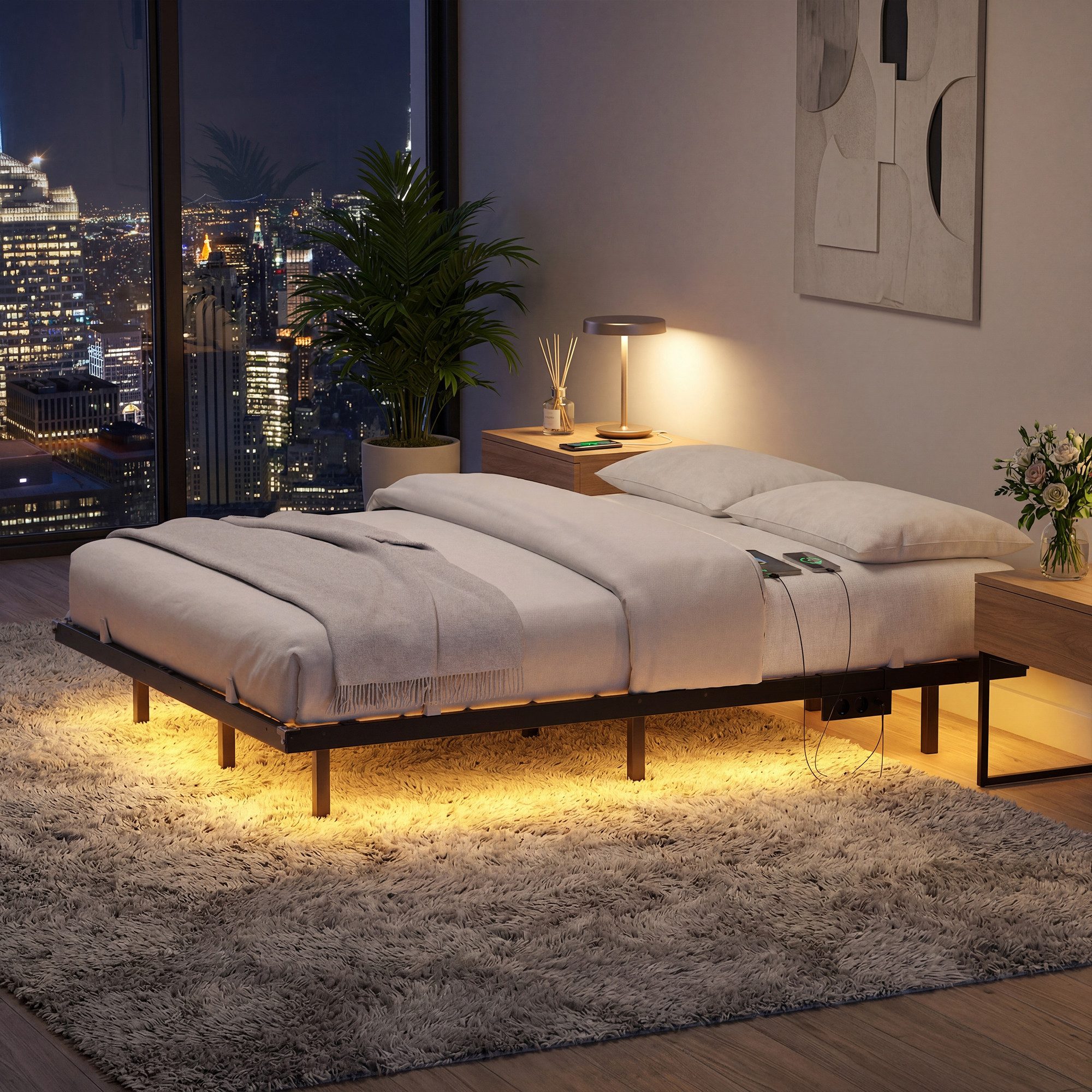 VASAGLE Bettgestell abnehmbare Steckdosenleiste, trägt bis 500 kg, 140 x 200 cm, mit LED-Beleuchtung, USB-C-Anschluss