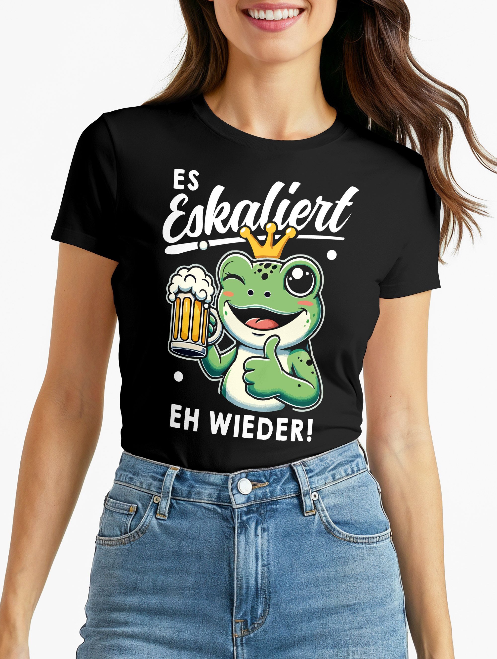 MoonWorks Print-Shirt Damen T-Shirt Spruch Es eskaliert eh Frosch Einhorn Clown Fasching mit Print