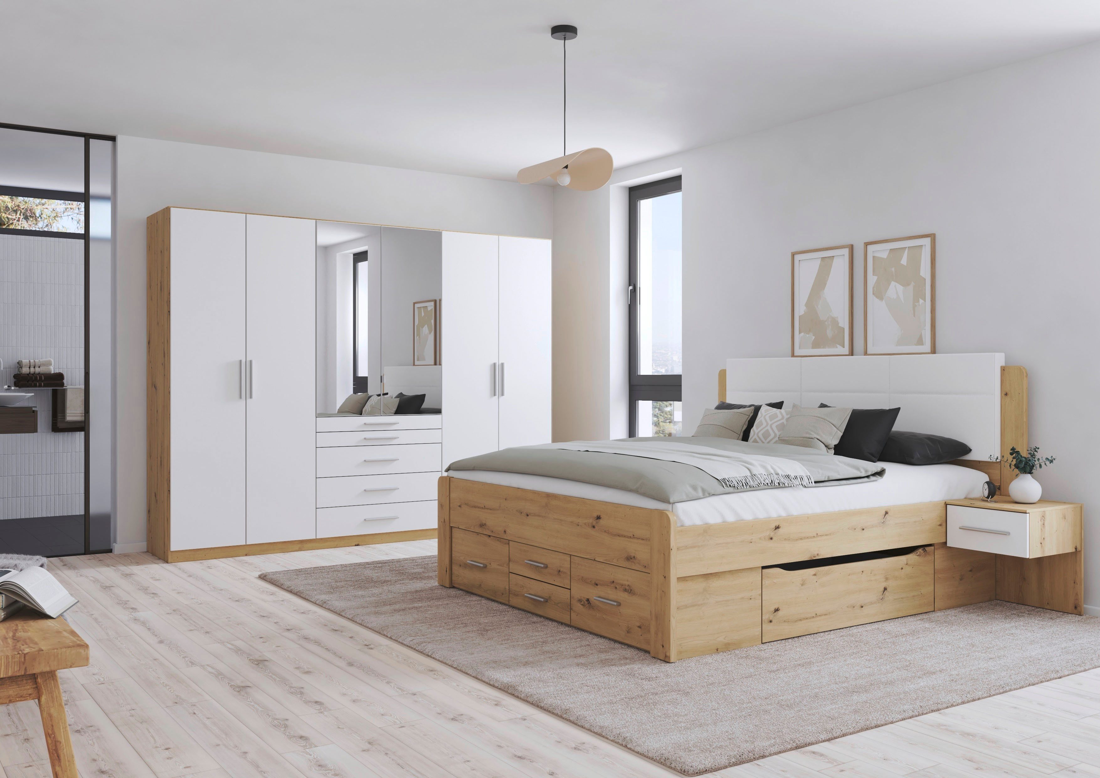 rauch Schlafzimmer-Set Komplettschlafzimmer Stauraumbett Liegefläche 180x200 MADE IN GERMANY, (Set, 4-tlg., Schrank B/H/T: 271/210/54 cm, Nachttische und Schran – Bild 2 von 5