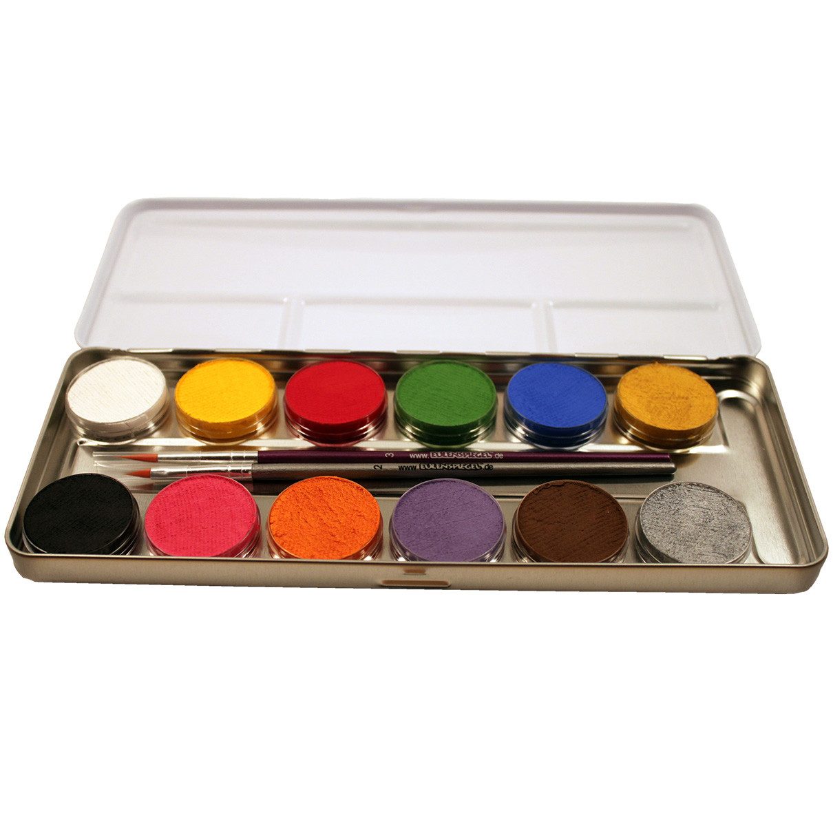 Eulenspiegel Theater Schminkpalette Profi Aqua Metall-Palette 12 Farben und 2 Profi Pinseln (1-tlg), Made in Germany, dermatologisch getestet