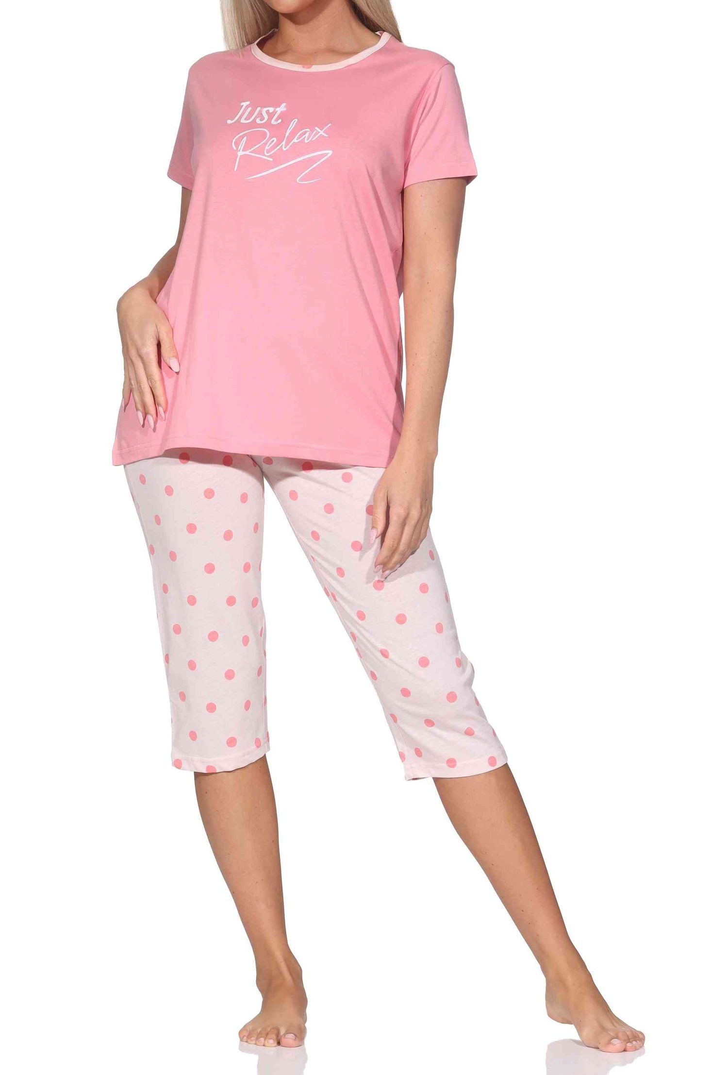 Normann Pyjama Normann Damen kurzarm Capri Schlafanzug Pyjama in Tupfen Punkte Optik