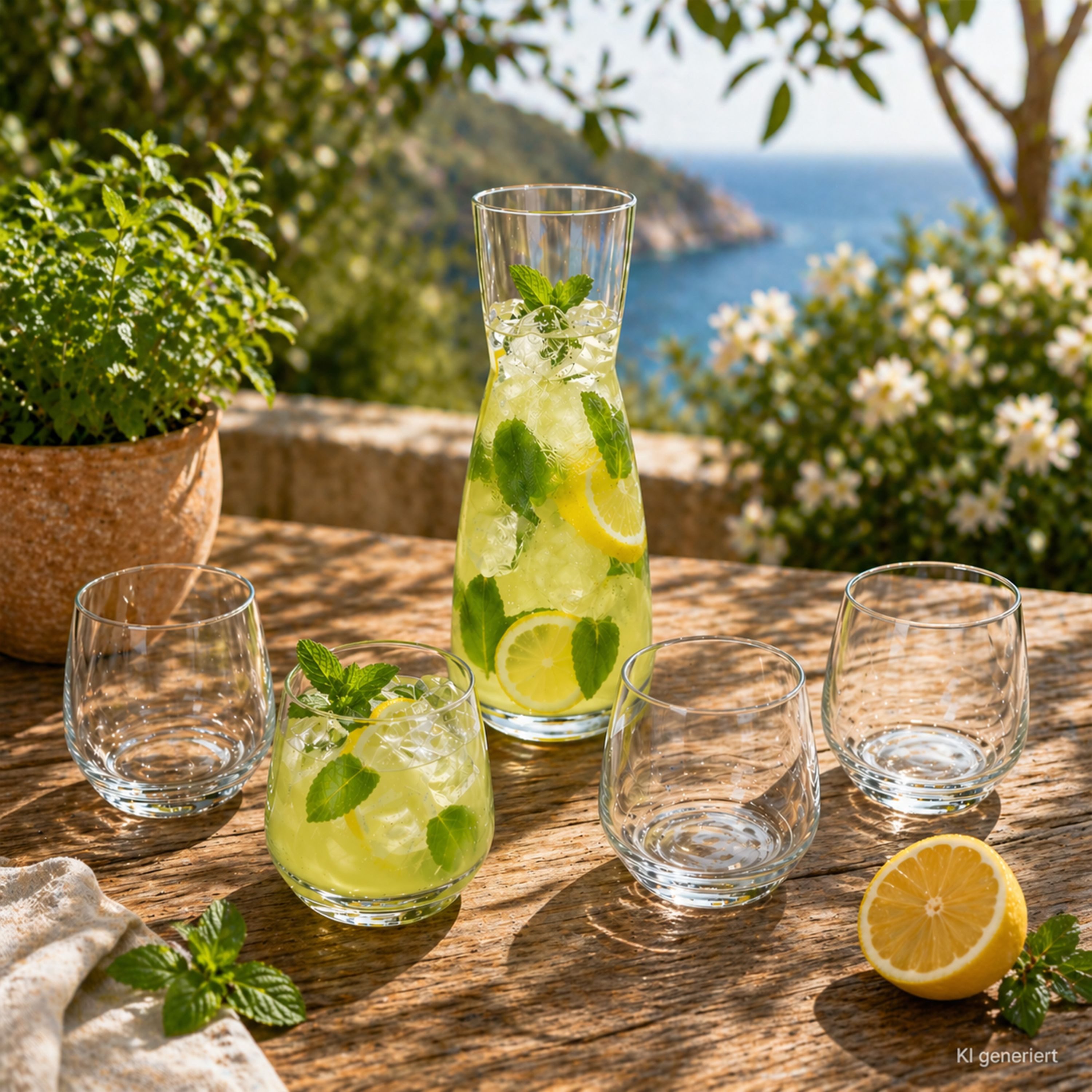 MamboCat Karaffe Vital 5tlg Karaffe Set Karaffe 1L + 4x Trinkgläser 350ml Glas Eistee