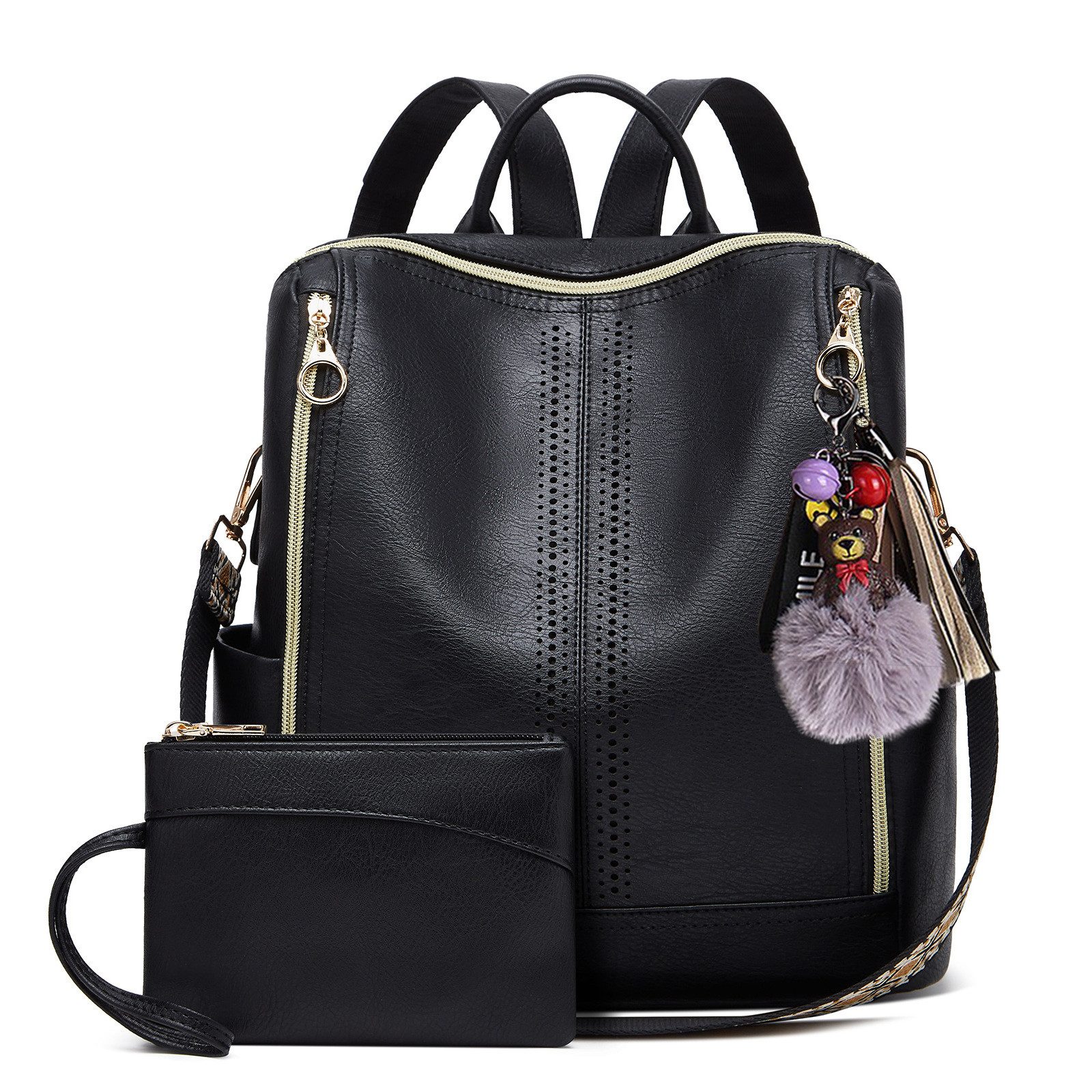 MOPUEA Rucksack Kunstleder Freizeitrucksack Reiserucksack mit Anhänger Wasserdicht