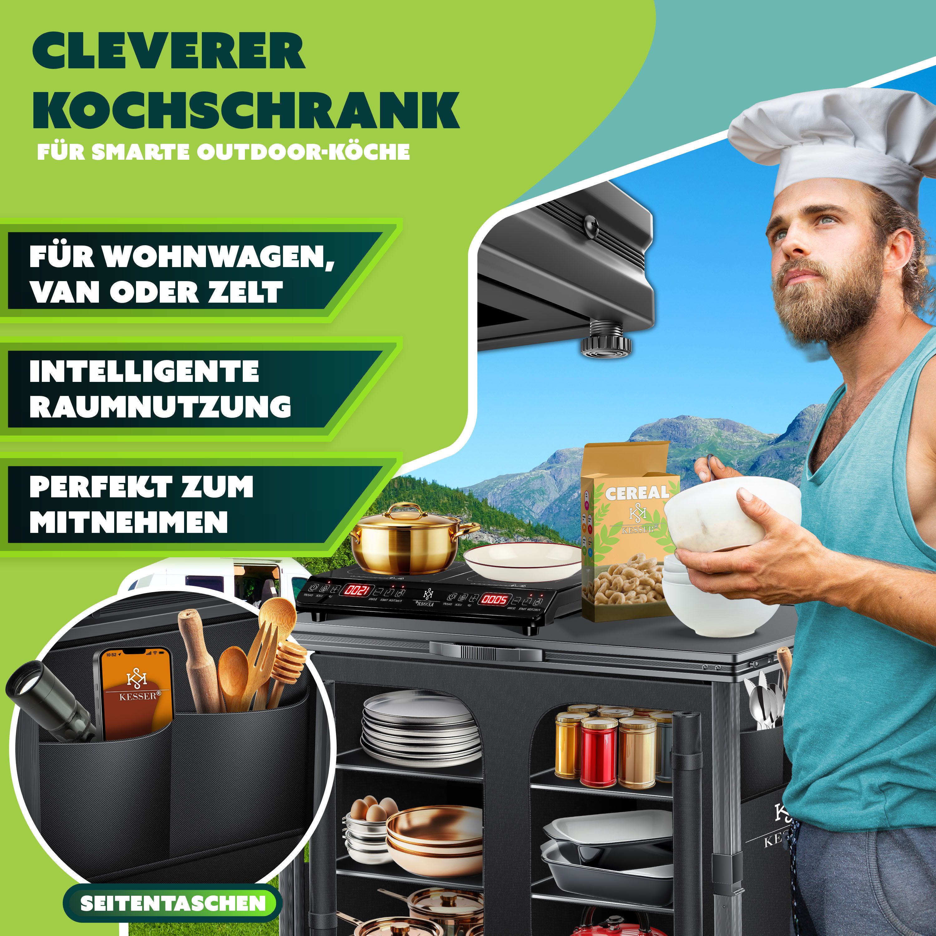 KESSER Campingschrank mit Aluminiumgestell Campingküche faltbar 84x80cm 6-Fachböden (Küchenschrank inkl. 4er Becherset, Seitentaschen & Fliegengitter) Outdoor C – Bild 3 von 5