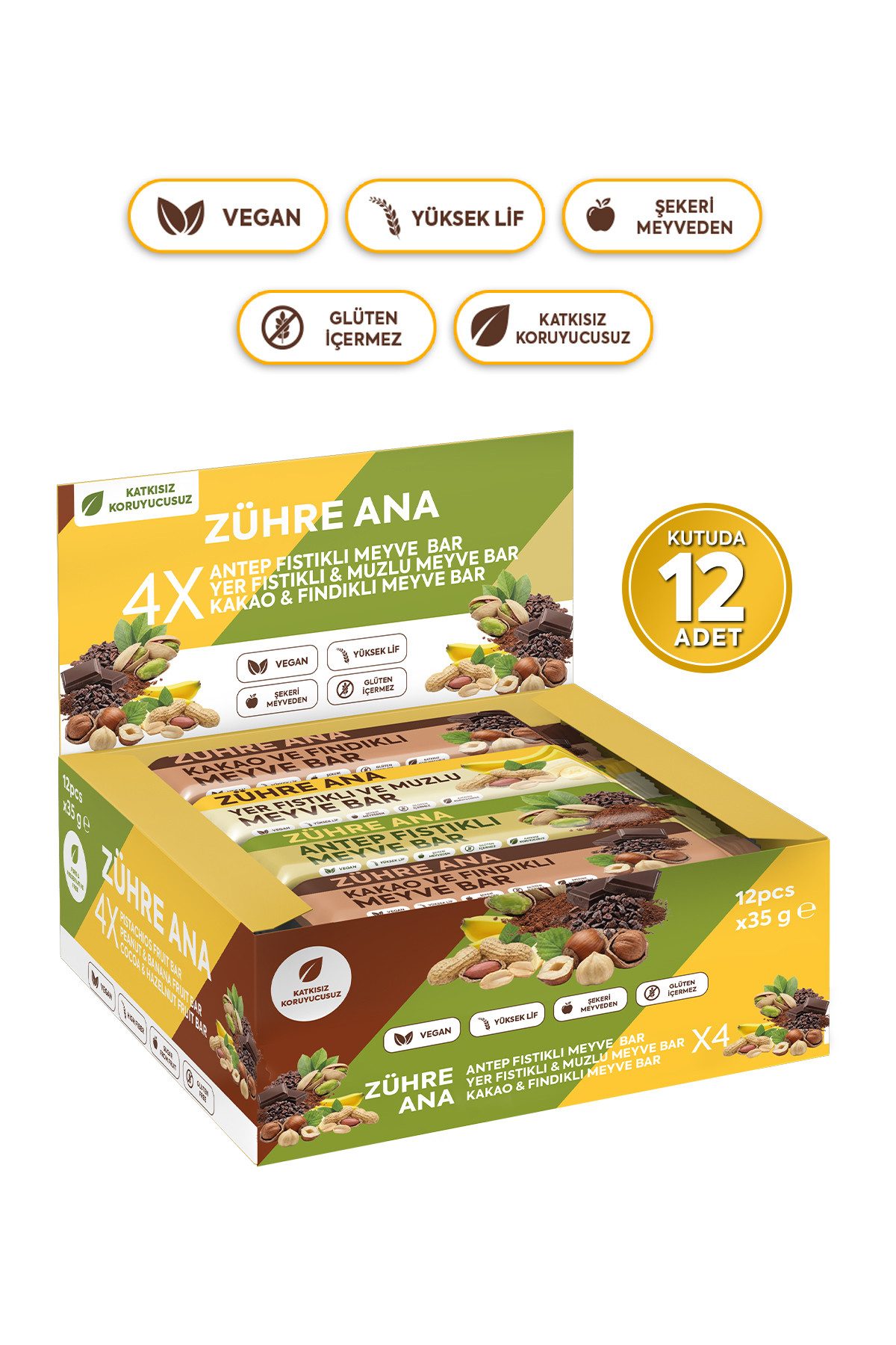 Zühre Ana® Riegel Fruchtriegel Mix Box 12x – Vegan, Glutenfrei, Ohne Zuckerzusatz, 420 g, Fruchtriegel, Leckerer Snack, 35gr x 12 Stück