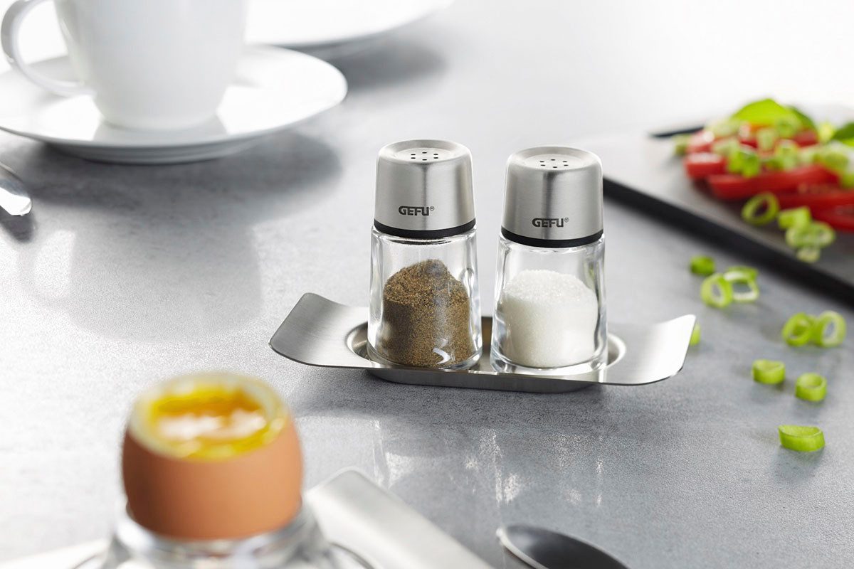 GEFU Salz- / Pfefferstreuer BRUNCH Set, (Set, 3-tlg), stilvolles, modernes Design aus hochwertigem Edelstahl und Glas