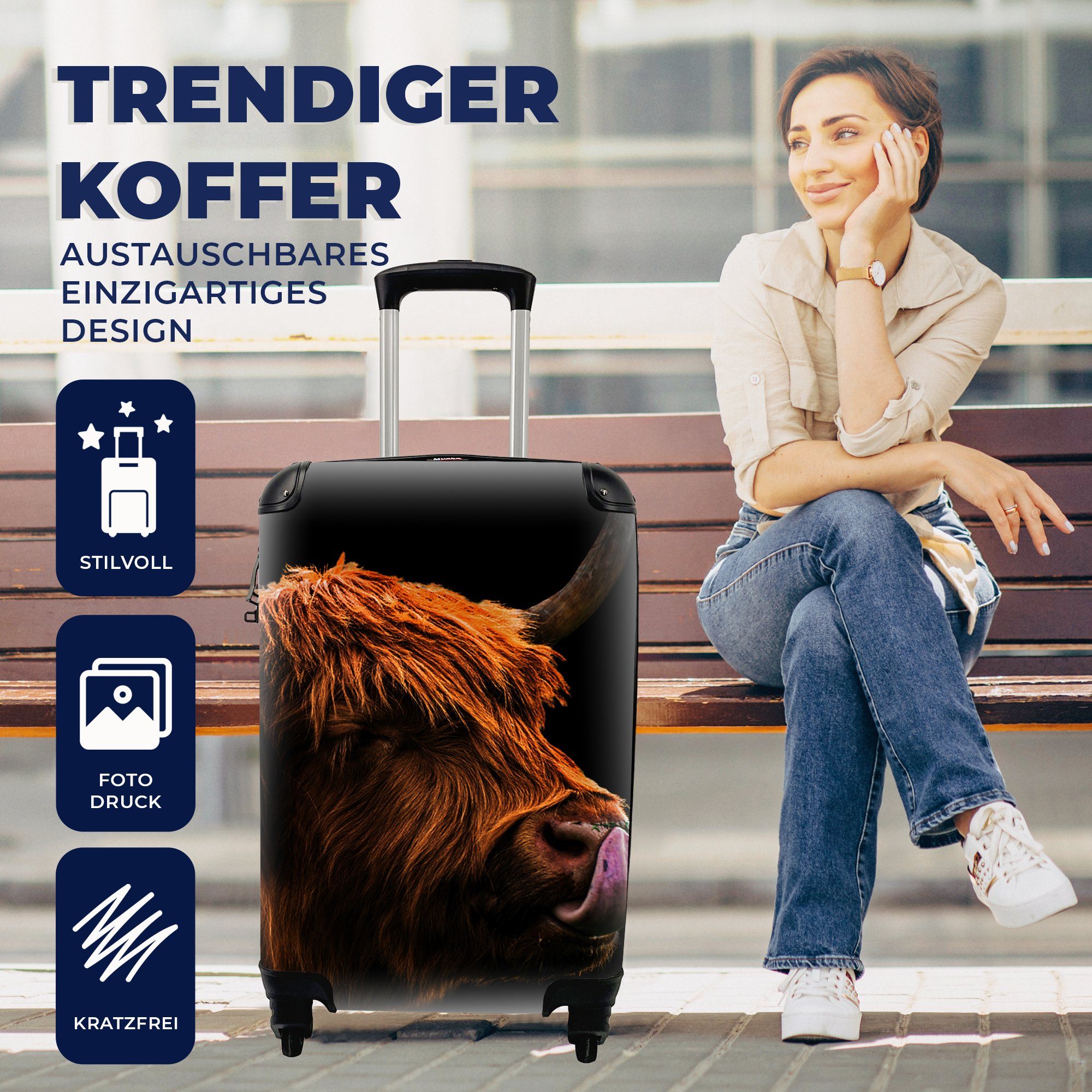 Ferien, Reisetasche - MuchoWow Handgepäck 4 Reisekoffer für Nase, Zunge Rollen, Trolley, mit Highlander Handgepäckkoffer - rollen, Schottischer