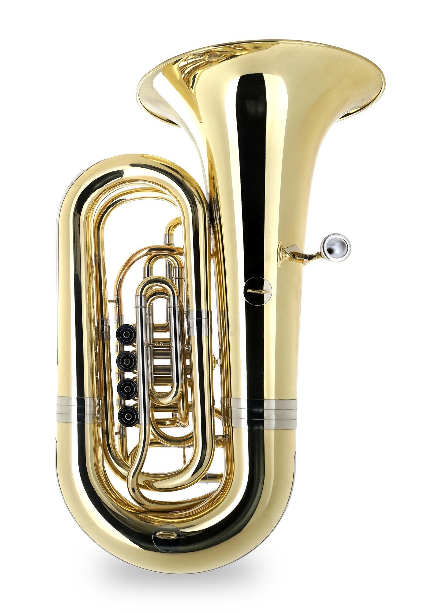 Classic Cantabile Tuba T-190 Bb Tuba - 4 Ventile - Goldmessing Mundrohr - Gedrungene Form, Set, 3-St., Inkl. Mundstück und Softcase, Neusilber Innen- Außenzüge, Schallbecher: 45 cm