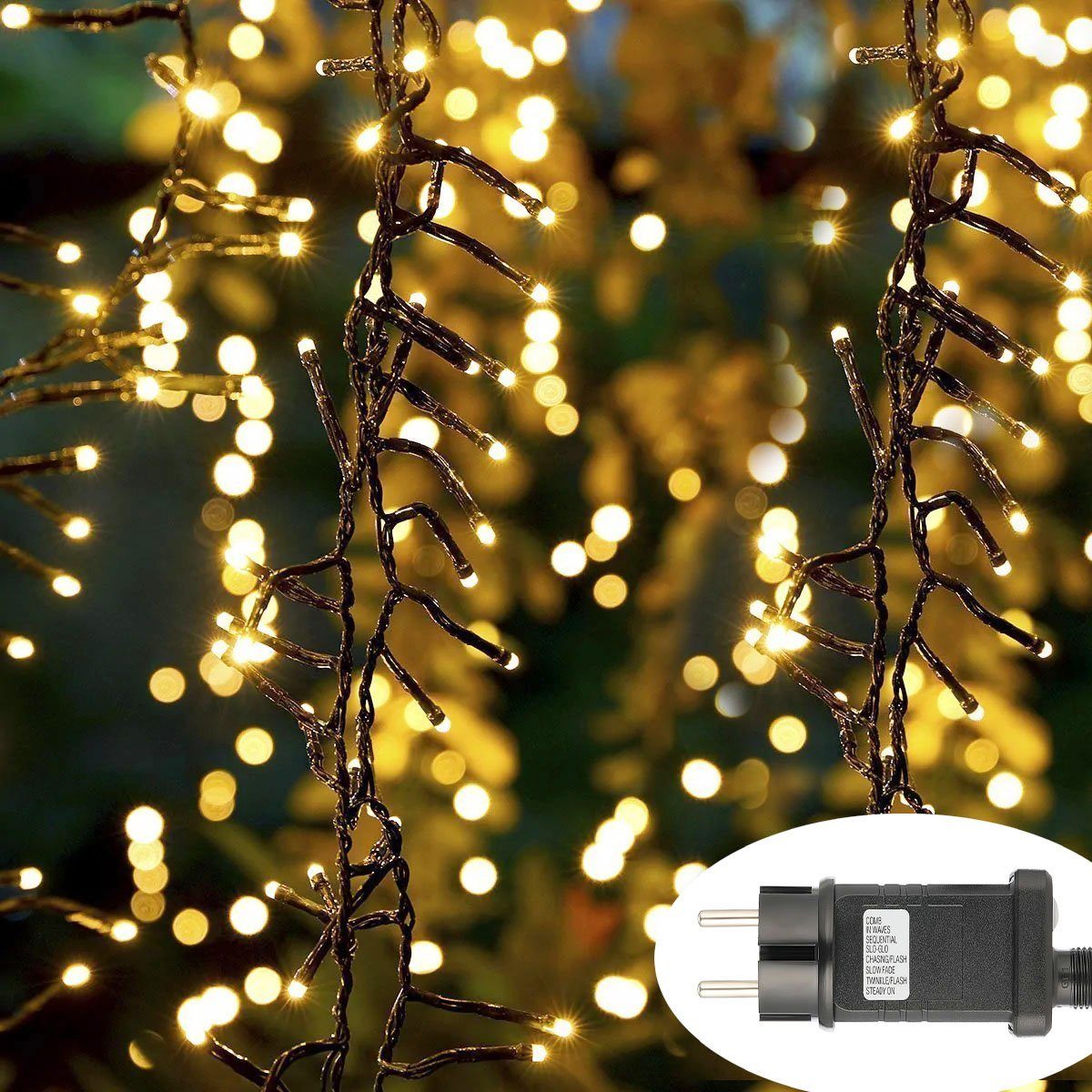 oyajia LED-Lichterkette 11m 560 LEDs Cluster LED Lichterkette Kupferdrahtlampe Außen Warmweiß, 8 Modi Dimmer + Timer, LED Lichterketten 230V, Wasserdicht IP44