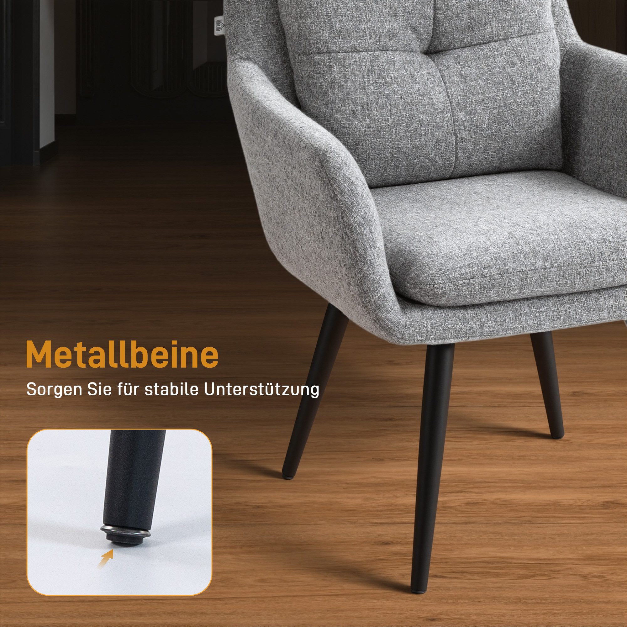 HOMCOM Relaxsessel Sessel Loungesessel mit Leinenoptik, mit Metallbeinen (Einzelsessel, 1-St., Armlehnensessel), für Wohnzimmer, Schlafzimmer, Hellgrau – Bild 5 von 5