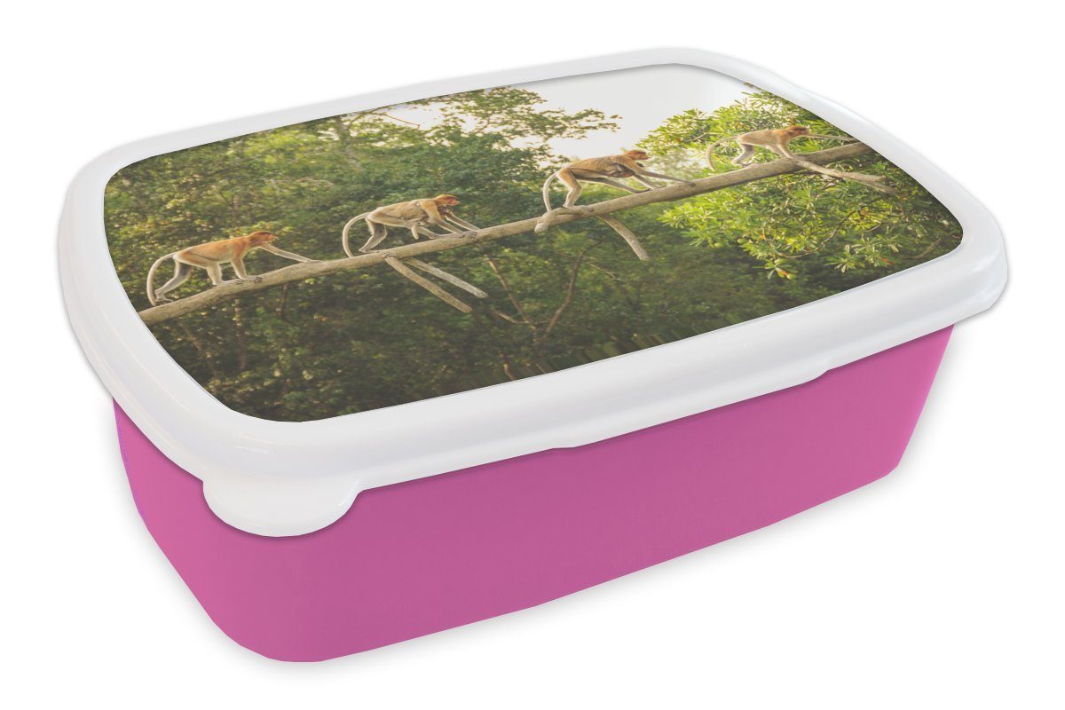 MuchoWow Lunchbox Affen laufen auf Ast, Kunststoff, (2-tlg), Brotbox für Erwachsene, Brotdose Kinder, Snackbox, Mädchen, Kunststoff rosa