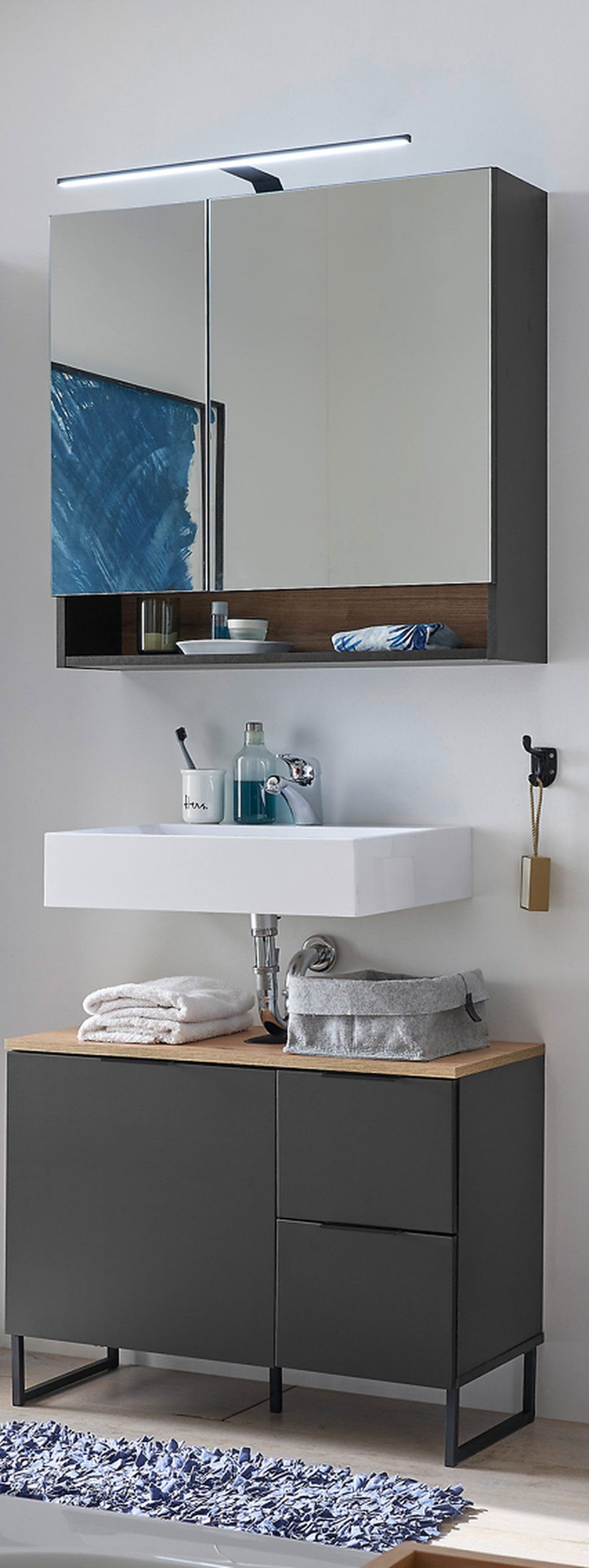 BEGA BBK Badezimmer-Set (2-tlg) in schwarz / Evoke Eiche Dekor - 80x195x35 (BxHxT), (2-tlg., bestehend aus: Waschbeckenunterschrank,Spiegelschrank)