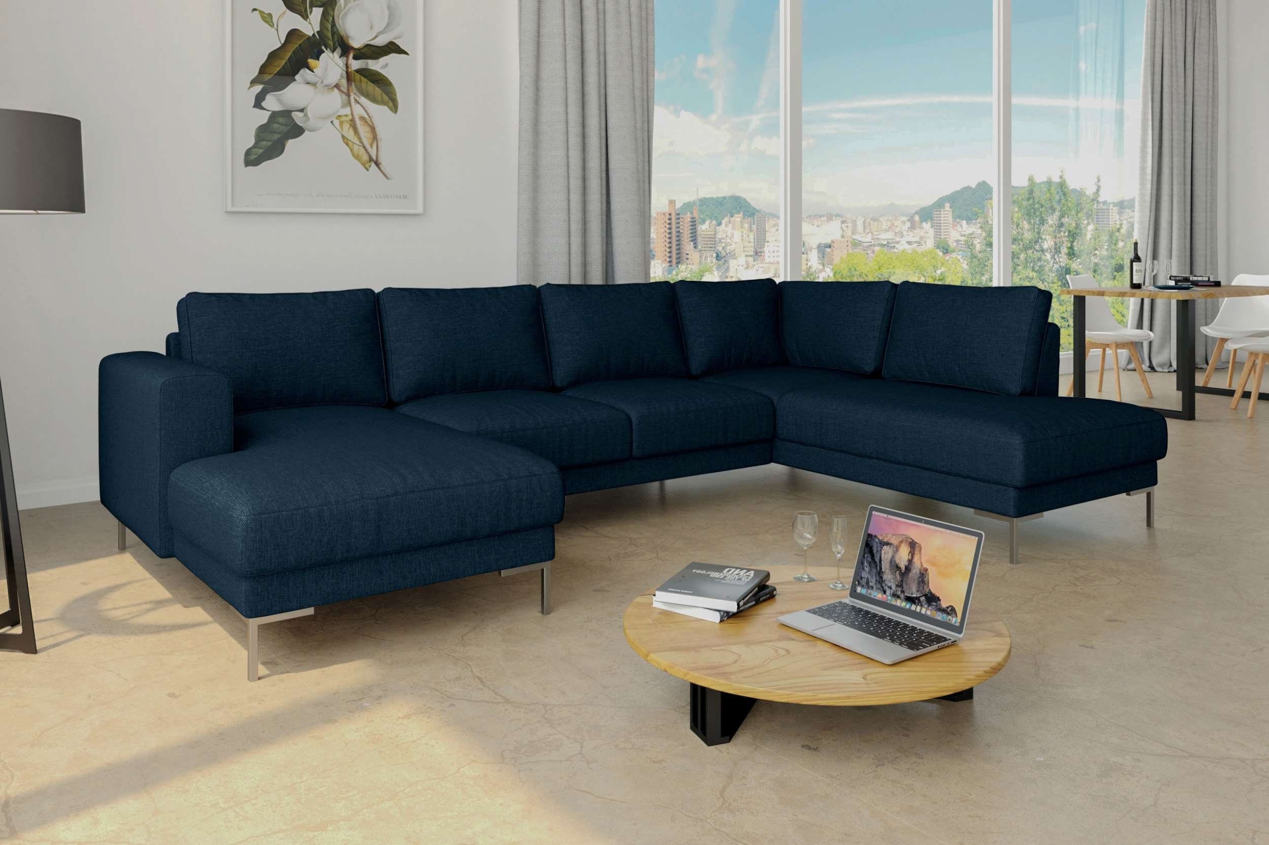 Stylefy Wohnlandschaft Santini, Sofa, U-Form, mane links oder rechts bestellbar, frei im Raum stellbar, Modern Design, mit Wellenfederung, Metall Dunkelblau