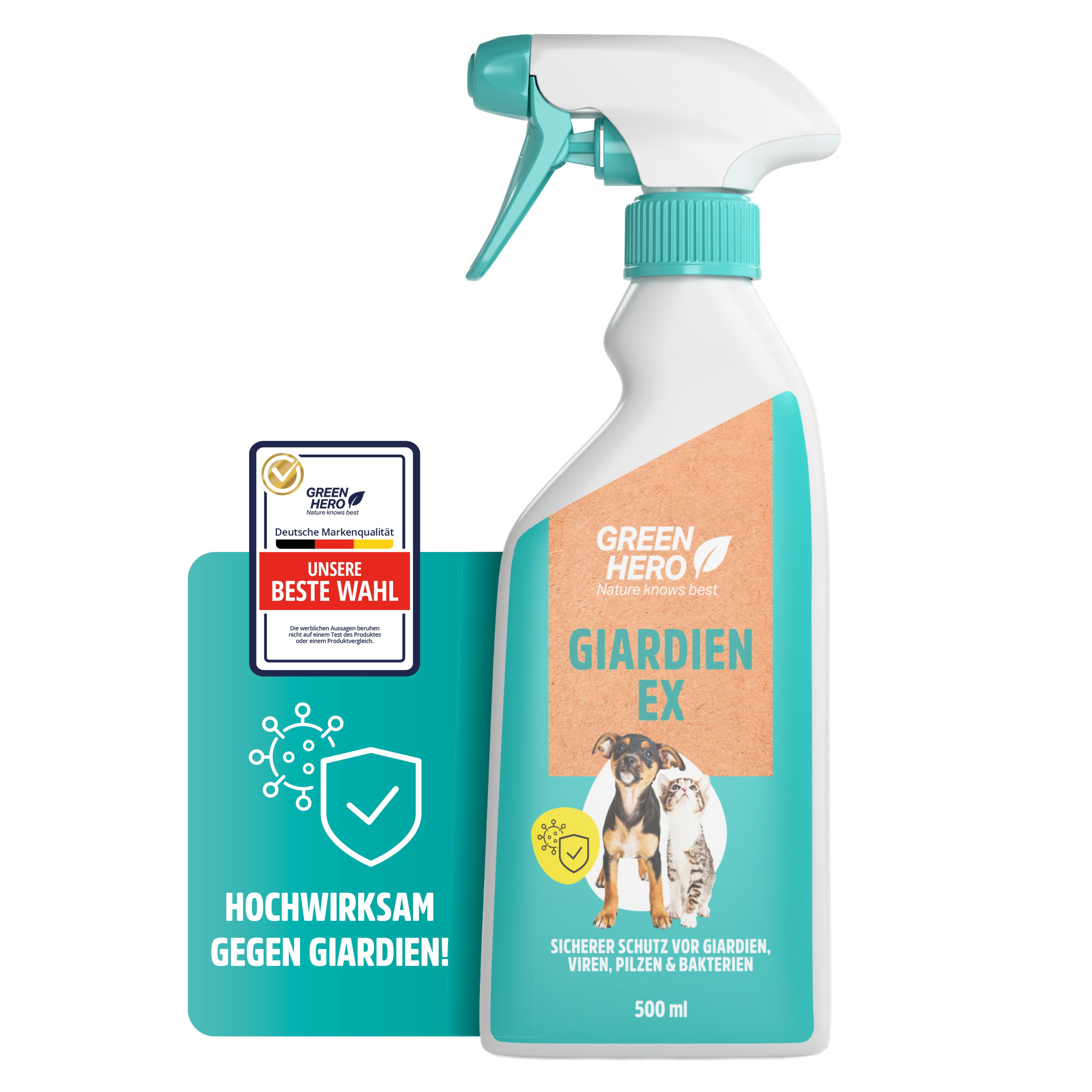GreenHero Fellpflege Giardien-Ex schützt Hund & Katze vor Bakterien, Viren & Pilzen, 500 ml