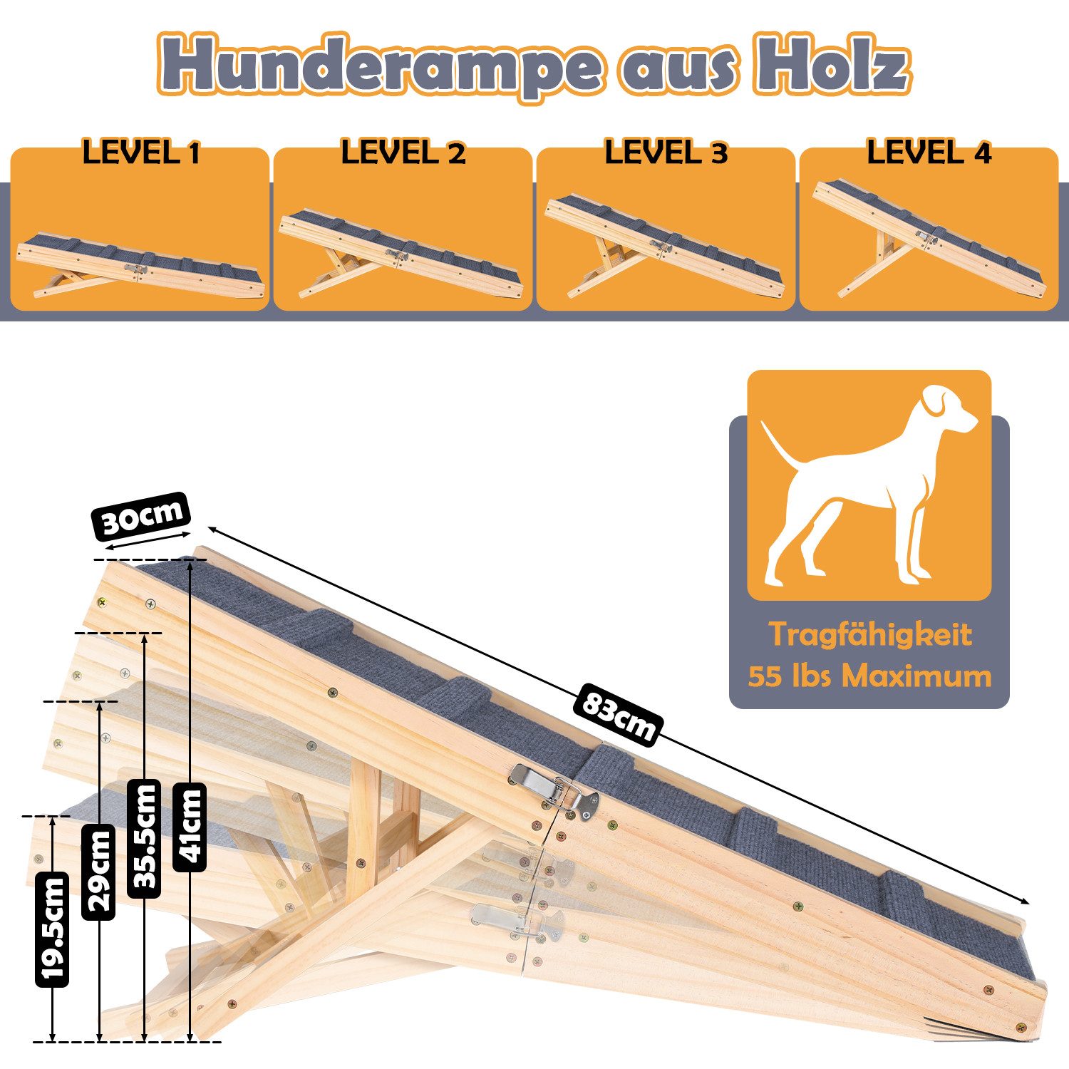 Clanmacy Hunderampe Hunderampe Klappbar aus Holz 4 Stufen Verstellbar Anti Rutsch Rampe (1-St), Holzklappbare, Anti Rutsch