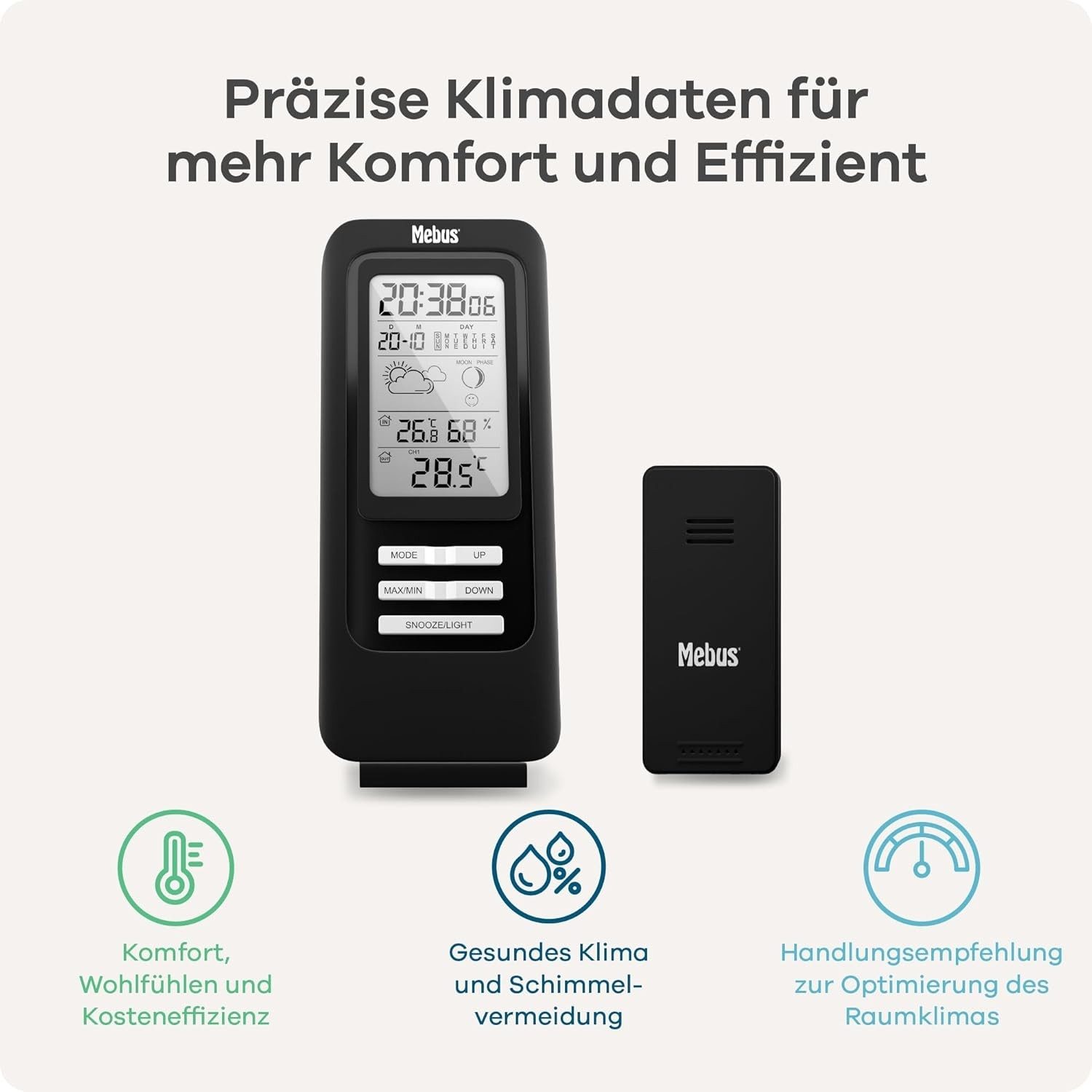 Mebus Wetterstation Außensensor Funkuhr Mondkalender Wecker Schwarz Funkwetterstation