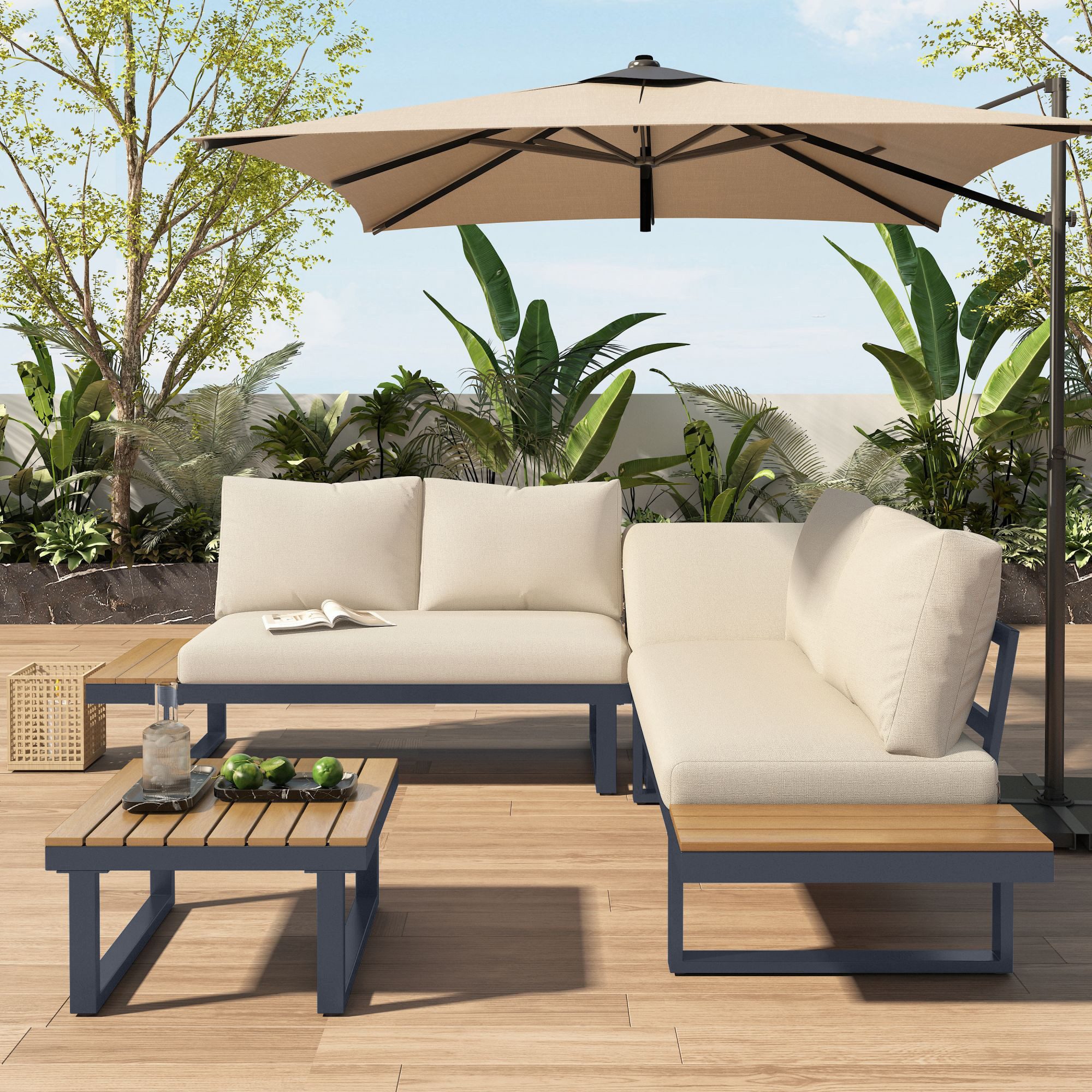 OKWISH Gartenlounge-Set Gartenmöbel Set, Leinenbezug, (mit Stahlrahmen und Kissen, Ecklounge, 1 Couchtisch, 2 Bänke, 1 Eckbank)