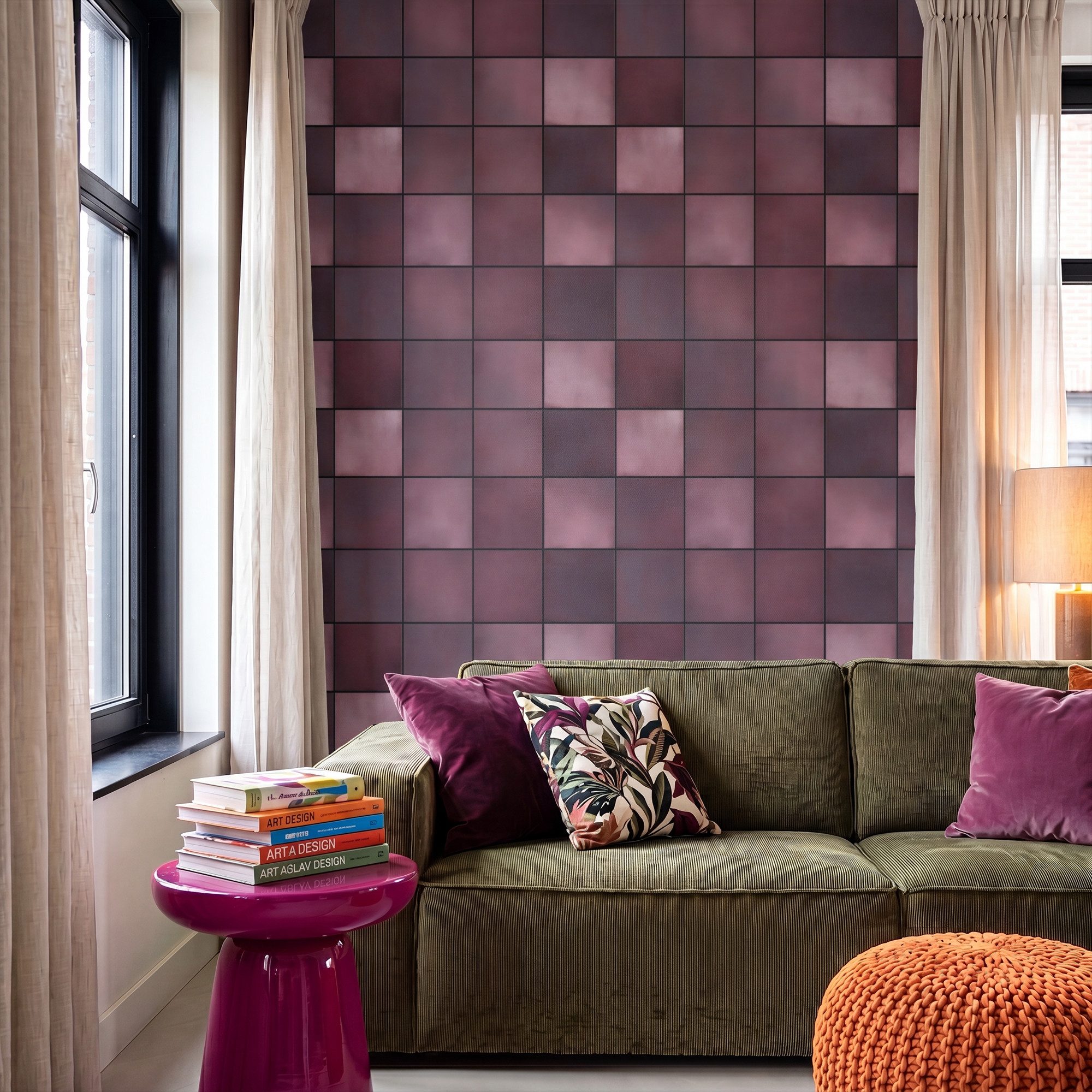 OnlyWow Fototapete Quadratisch - Fliese - Muster - Lila, Matt, bedruckt, Wandtapete, Schlafzimmer, Modern, Vliestapete 140x200cm